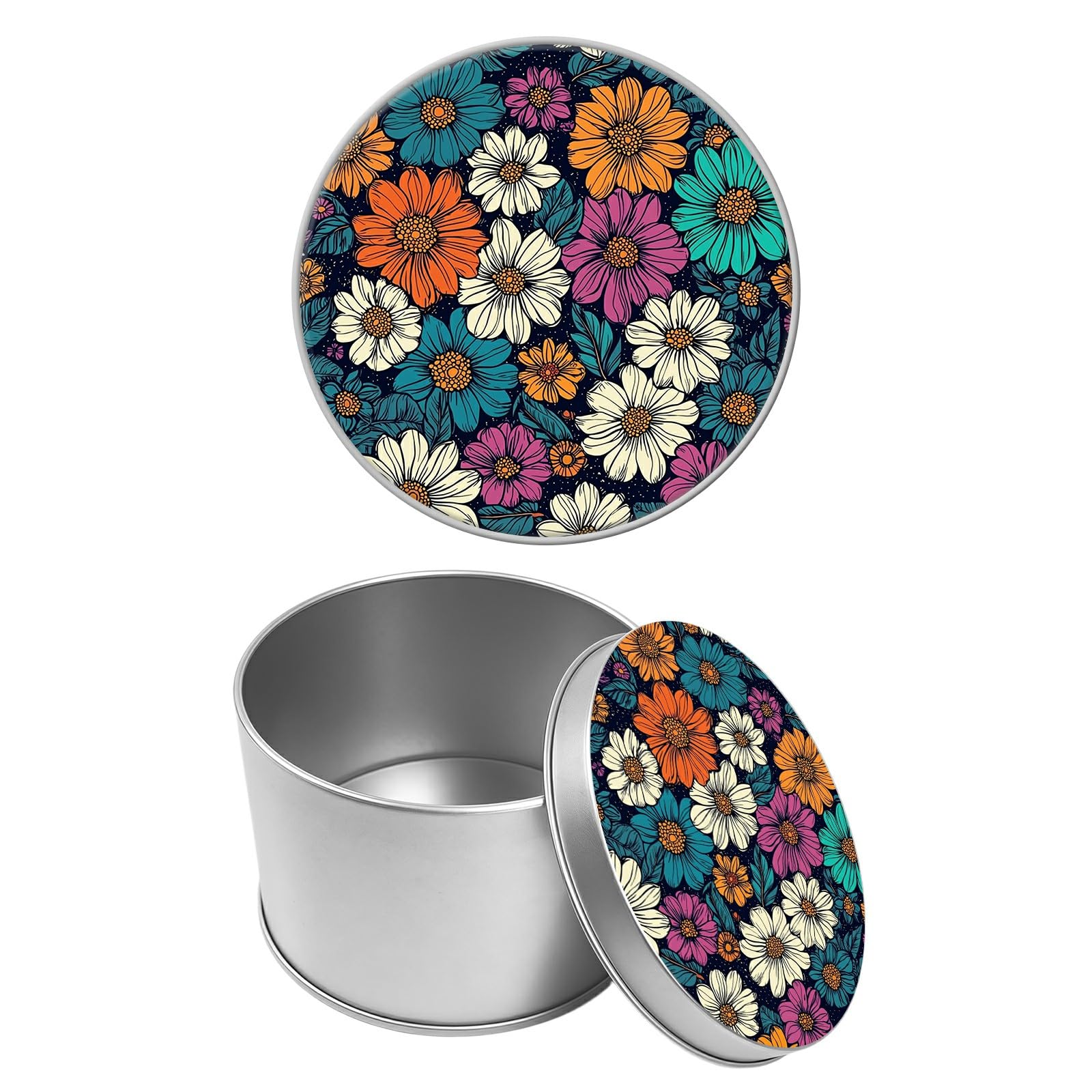 Round Metal Tin Container with Removable Lid, Color Daisy Durable Metal Storage Box for Cookies Spices Tea Candies Cakes Jewelry Cosmetics 3.54 x 2.36 inch– Single Pack
