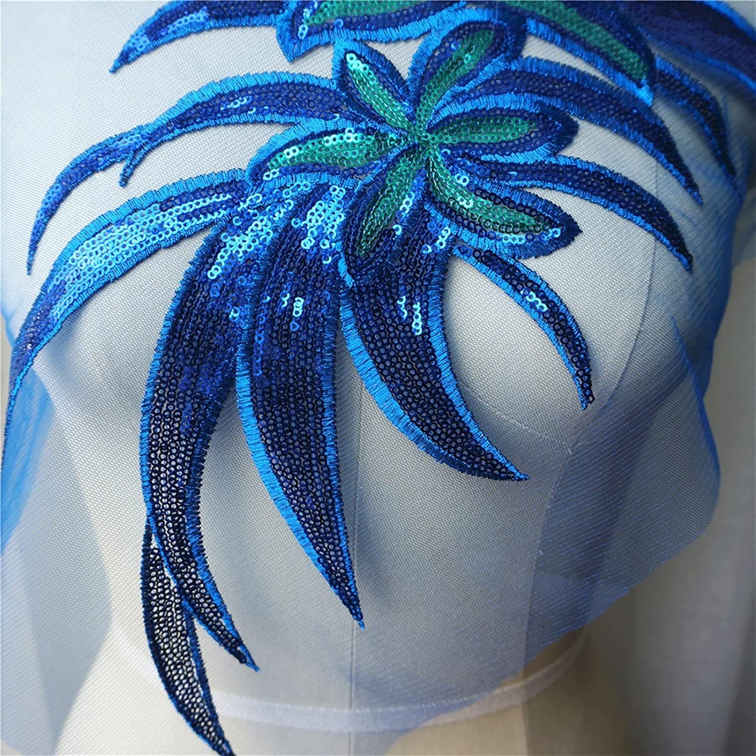 Toppe ricamate, ricami con paillettes in pizzo, applicazioni su colletti, toppe, abiti, fai da te, toppe decorative, fiori, blu, con paillettes, foglie, fiori, tessuto, ricamo, abito da sposa, appliqu