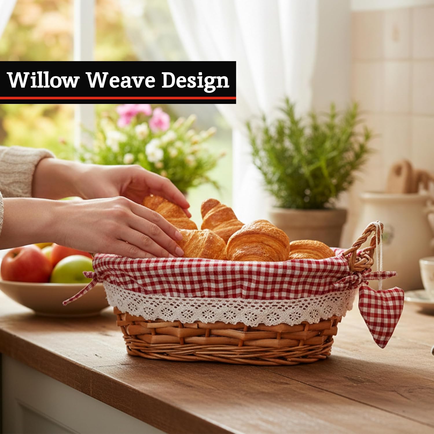 Premier Housewares 1901048 Picnic Basket Bread Basket Wicker Basket Oval Hamper Baskets For Gifts Lining Woven Basket Red H14x W27x D19