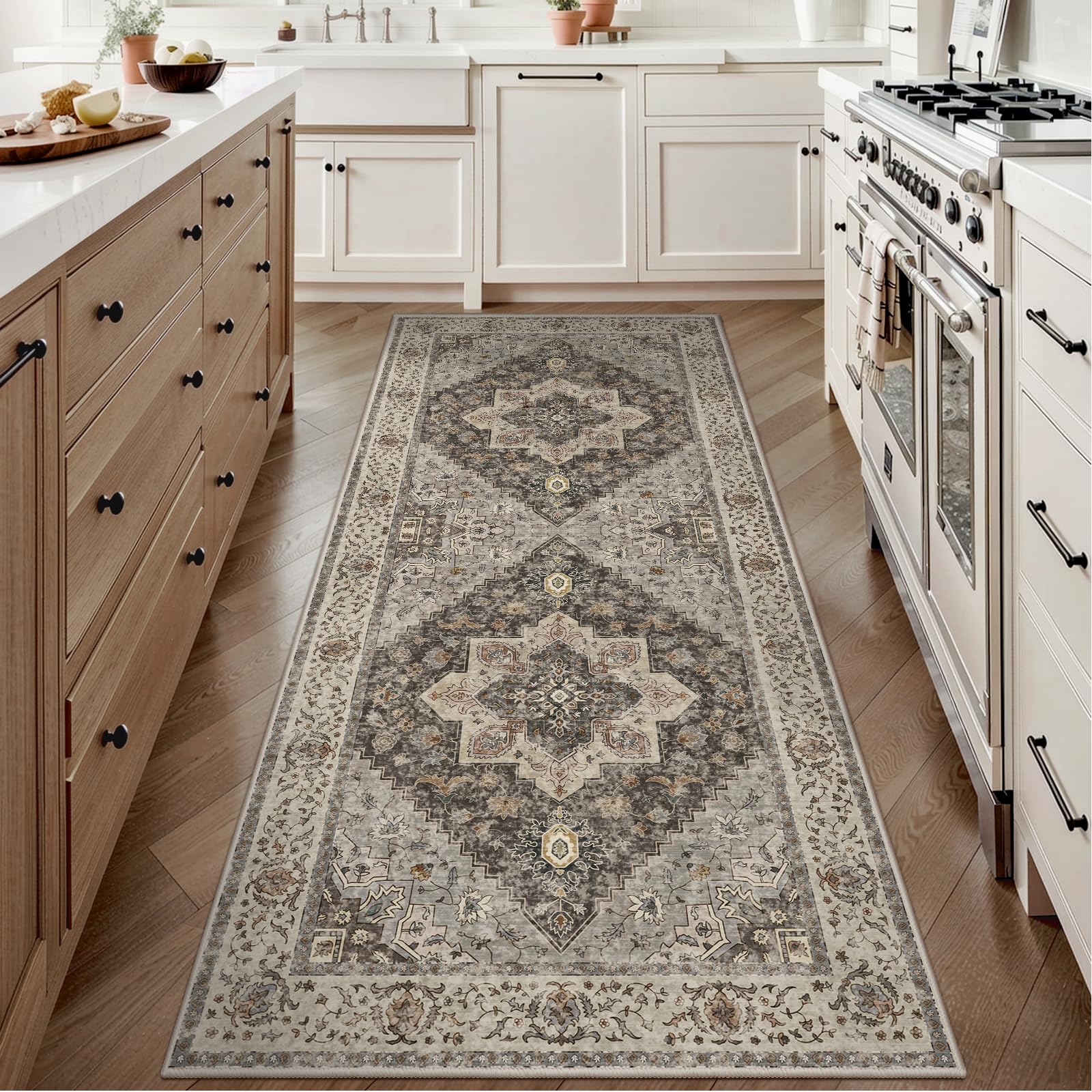 Tangsoo 2x6 Washable Runner Rug for Hallways, Non Slip Vintage Runner, Soft Low Pile Long Rug Runner, Print Distressed Grey Carpet Runners for Kitchen Bedroom Entryway Bathroom Living RoomOEKO-TEX STANDARD 100