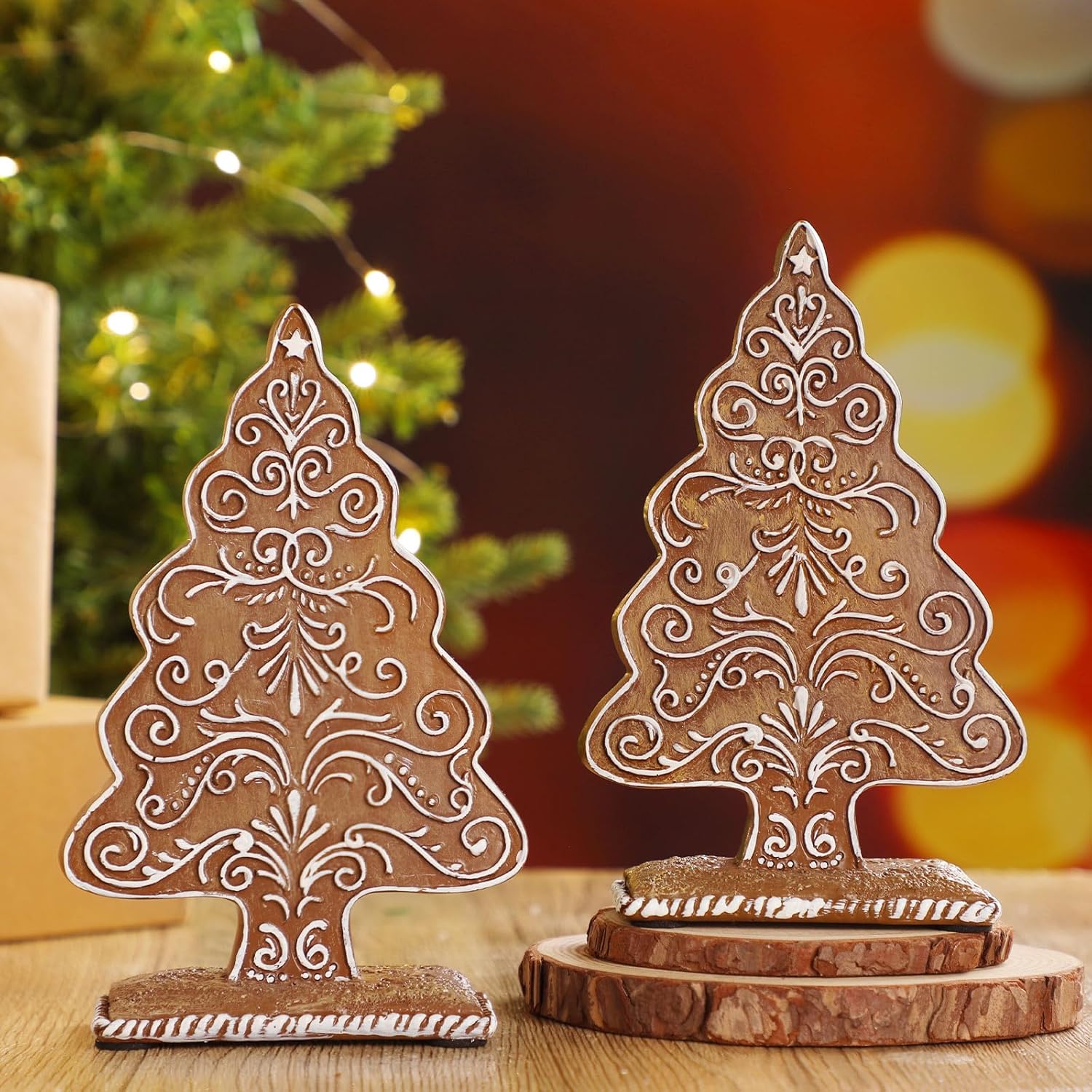 Geelin 2 Set Gingerbread Christmas Decor Resin Gingerbread Tree Figurines Christmas Table Decorations for Tabletop Centerpiece Home Mantel Collectible Gifts, 7.09" x 3.94" x 2.36"(Vintage Brown)