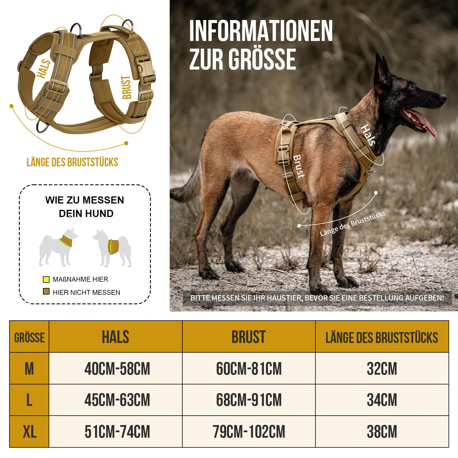 OneTigris Hundegeschirr, Diesel Einstellbar Taktisches Geschirr Weich Gepolstert Brustgeschirr für mittelgroße und große Hunde mit Reflektierend, 1 Griff, 3 D-Ringe (Braun, M)