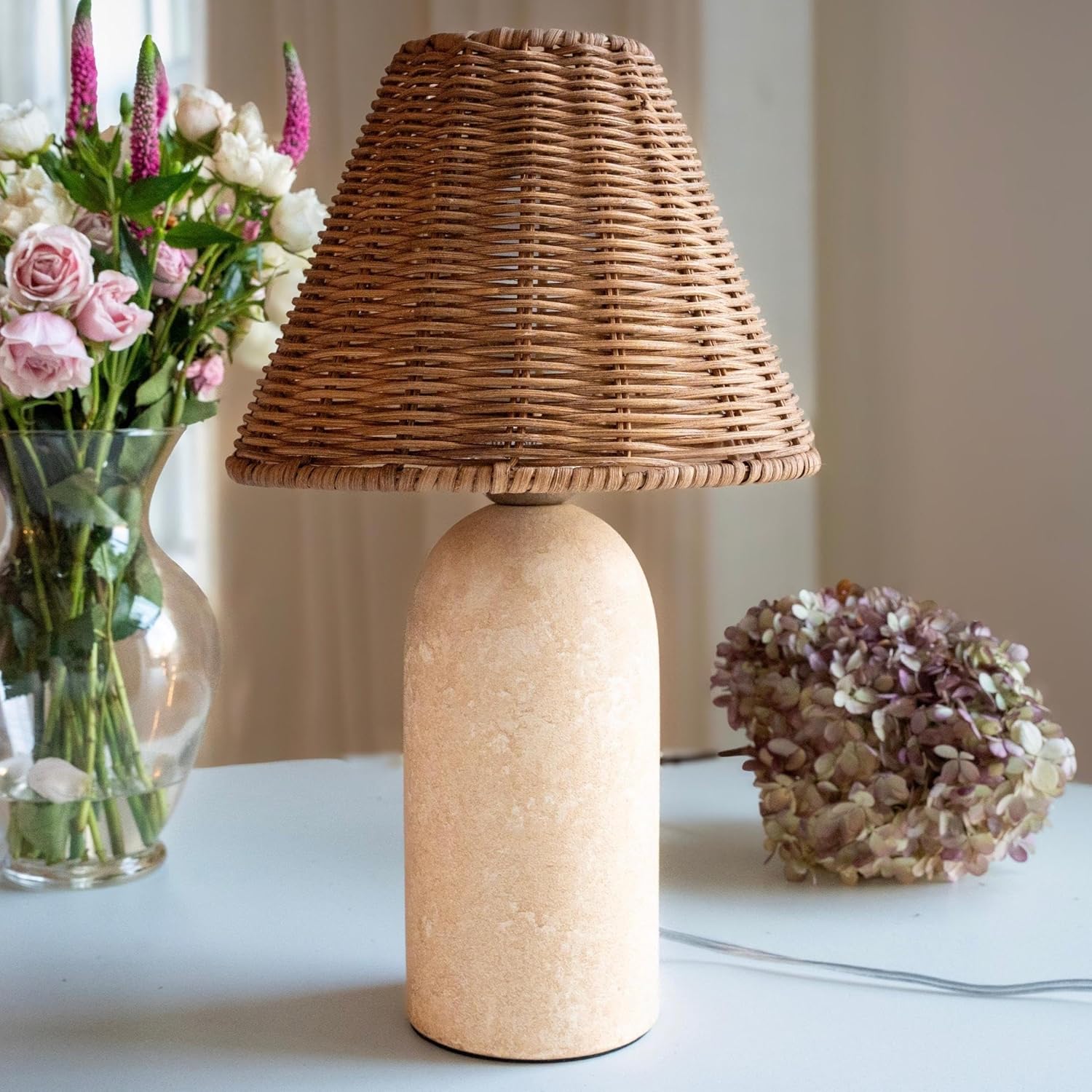 14" Small Mini Wicker Table Lamp – Handmade Ceramic Base with Rattan Shade, Dimmable Nightstand or Accent Light for Nursey, Kitchen Counter, Small Spaces, Bookshelf, Nightstand – Boho Decor