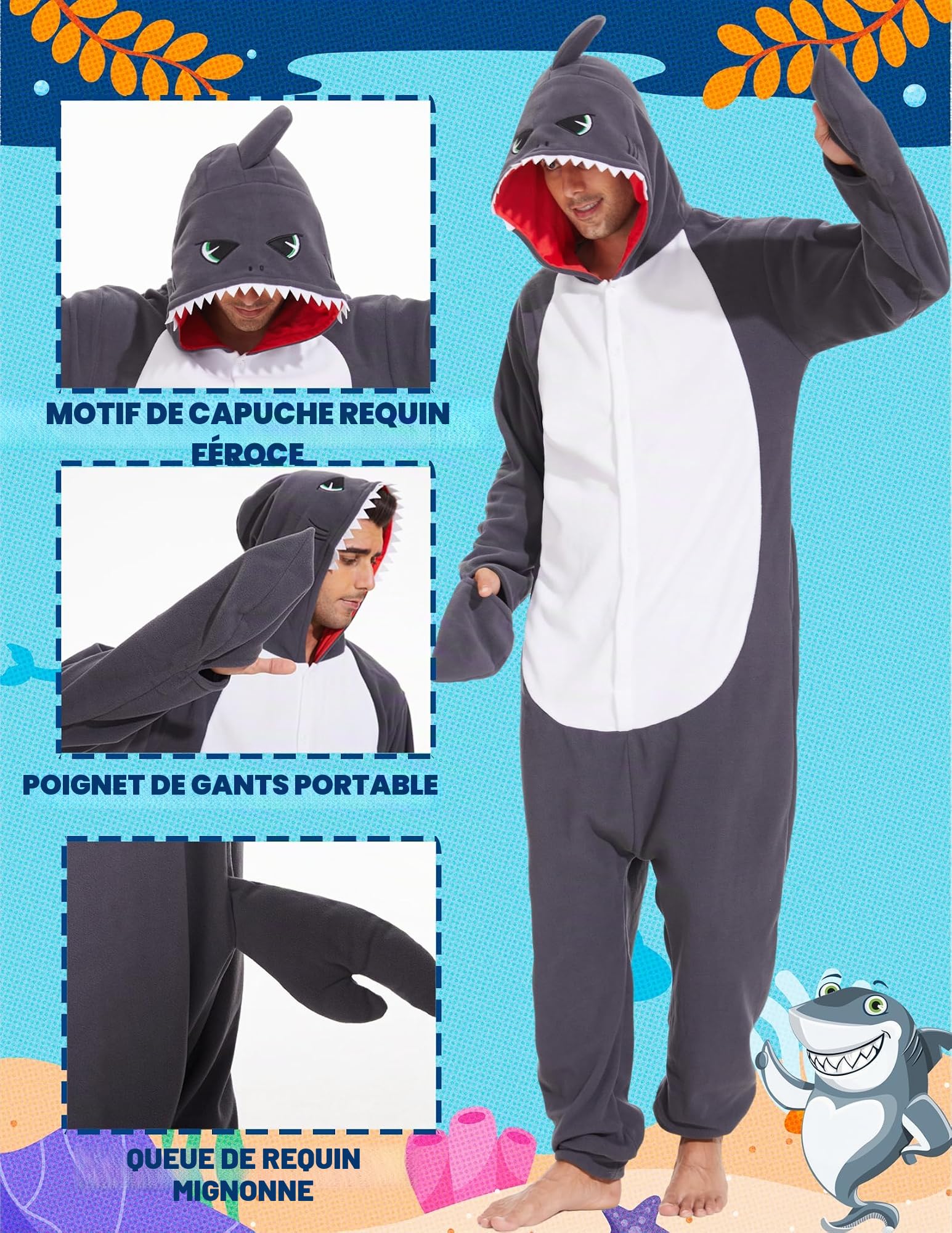 Costume Requin Halloween Cosplay Unisexe Adulte Grenouillère Pyjama Dessin Animé Féroce Habillage Fête pour Femmes Hommes