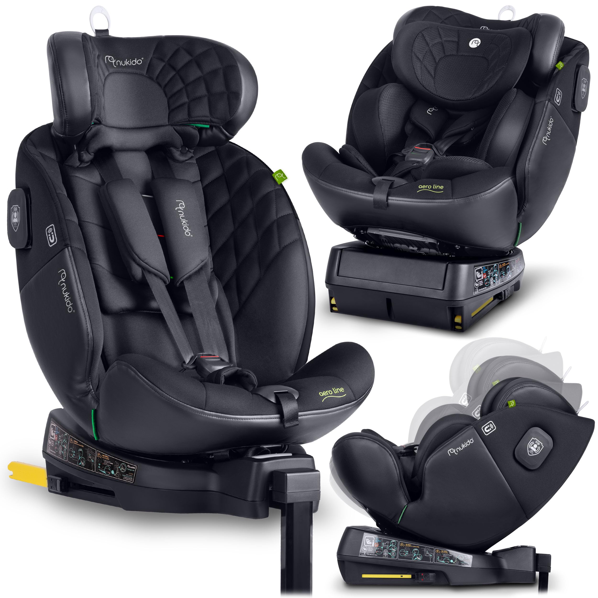 Nukido Kindersitz 360 Drehbar Autositz Kinder Kinderautositz i-Size ISOFIX 5 Punkt Sicherheitsgurt 0-12 Jahre Bis 36 kg Schwarz Aero Line