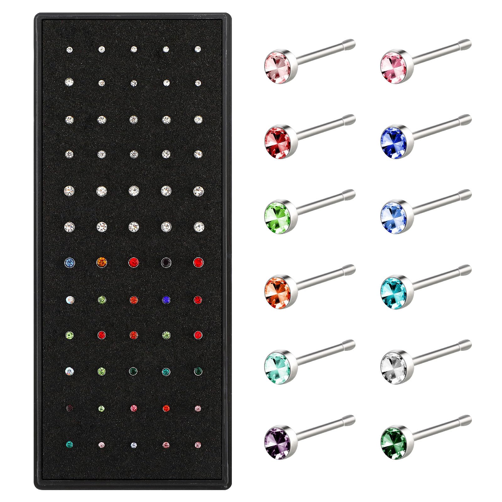Yolev60pcs Surgical Stainless Steel Nose Studs, Body Piercing Jewelry for Women Men Bone Silver Rose Gold Black Rainbow Pack Steel Faux Nose Piercing Cuffs