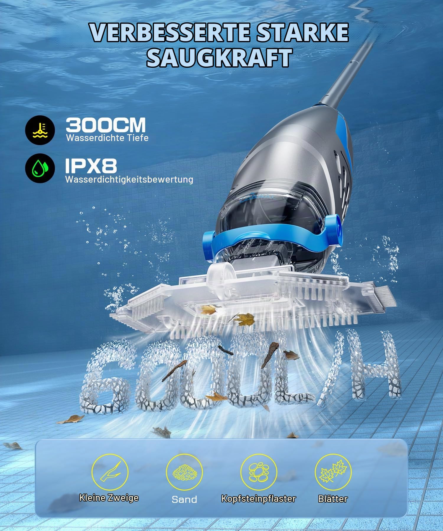 UIRWAY V3 Poolsauger Akku Bodensauger, 6000 L/H 26,5 GPM Hochleistungs-Saugkraft Kieselsteine, 2026 Neuer IPX8 Handpoolsauger mit Pool Sauger akku elektrisch, 2 Saugköpfe & 4 Filter, 60 Minuten