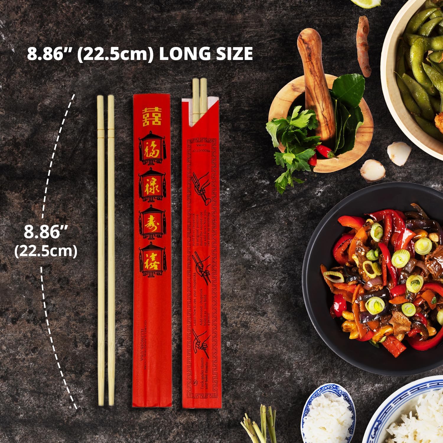 Klex Premium Disposable Bamboo Round Chopsticks 9 Inches - Individually Wrapped with Red Sleeves, Eco-Friendly Chopstick for Asian Restaurants, 2000 Pairs