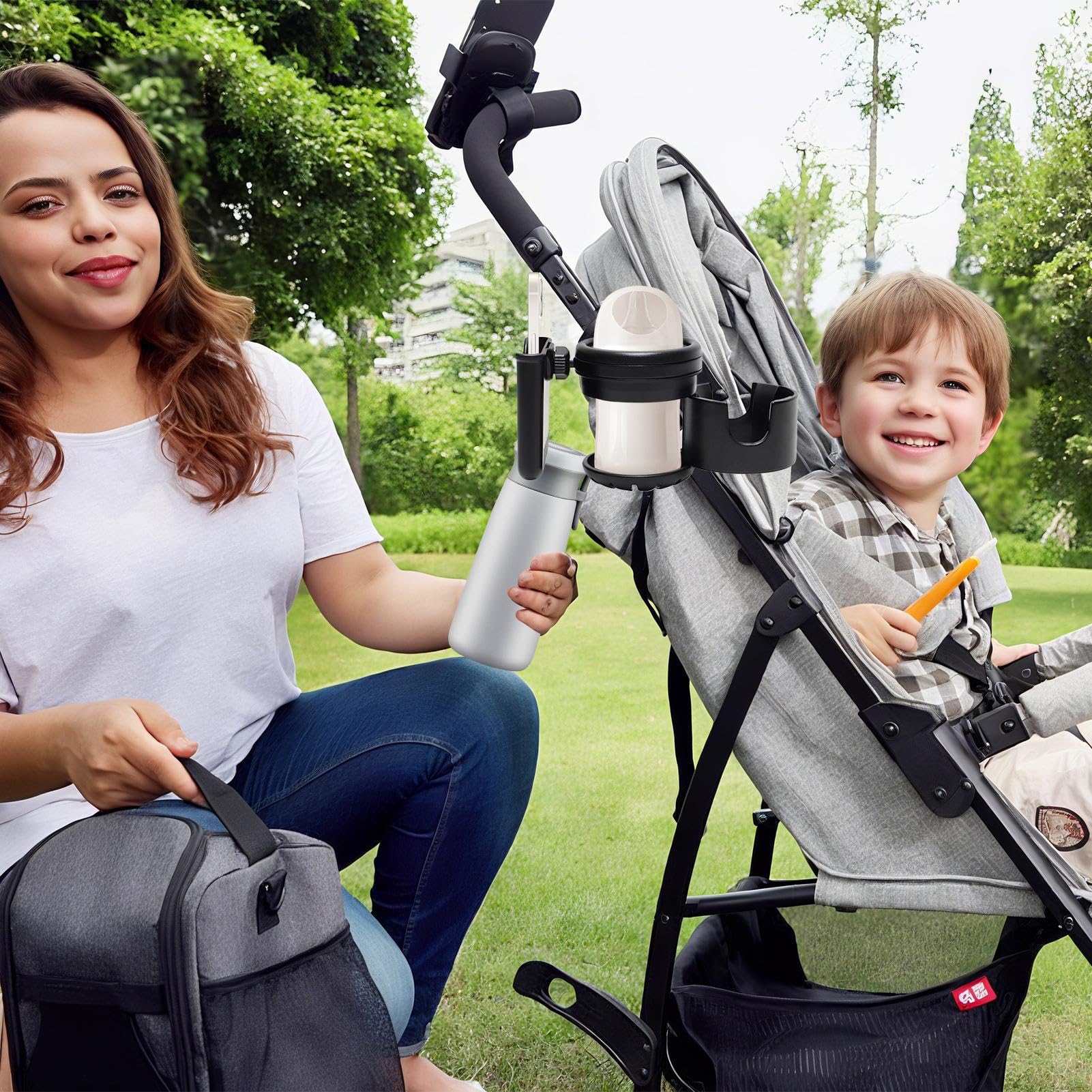 Supporto Bicchiere Passeggino Portabottiglie Multiuso Antiscivolo | Supporto Bevande Antiscivolo con Porta Telefono per Girello Passeggino Carrozzina Monopattino Carrello Spesa Biciclet