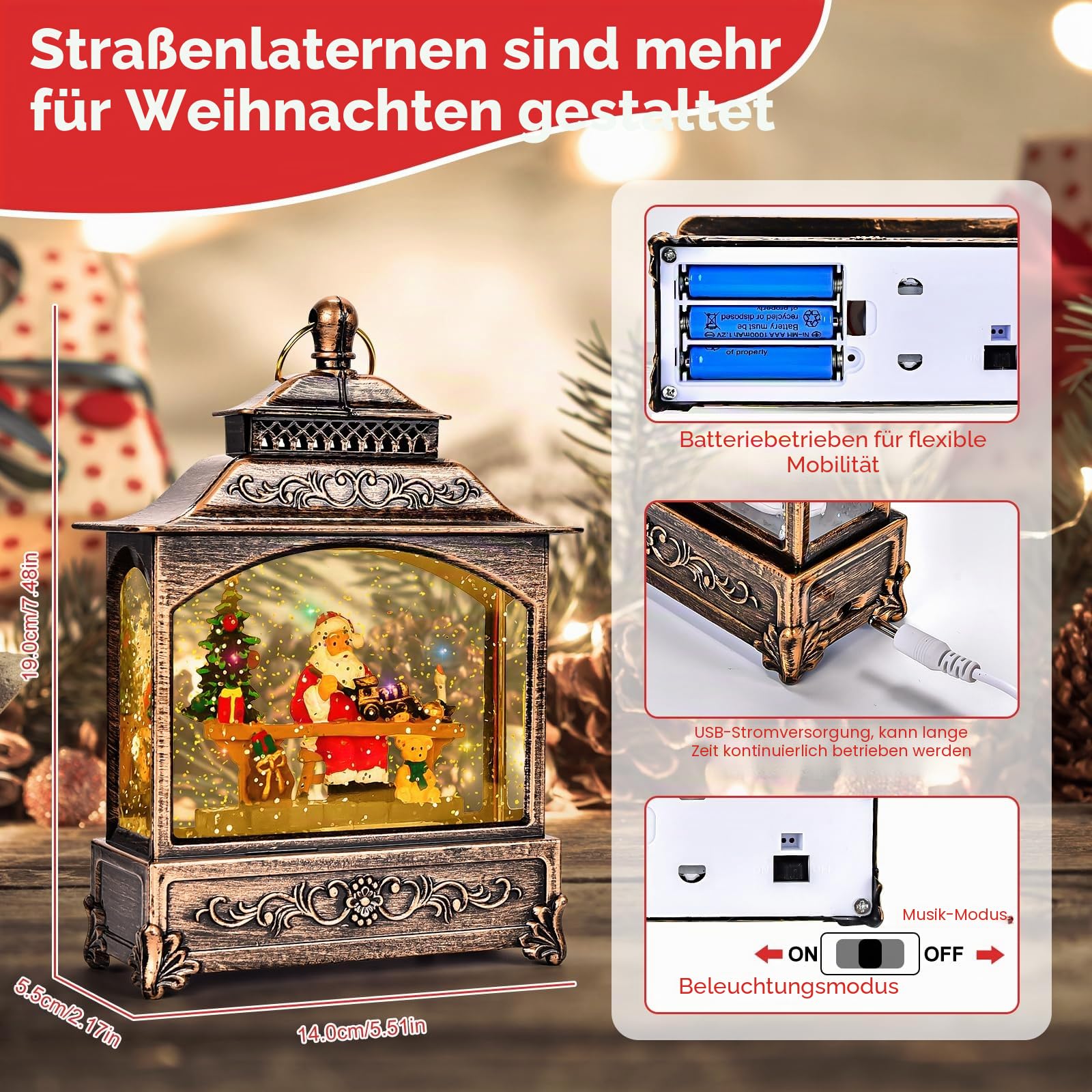 Joellfuner Weihnachts Schneekugel Laterne, Weihnachtslaterne mit Schneegestöber Musik & Licht USB/Batteriebetriebene, Schneekugel Laterne Wasserlaterne Geschenk für Weihnachtsdeko(B-Weihnachtsmann)