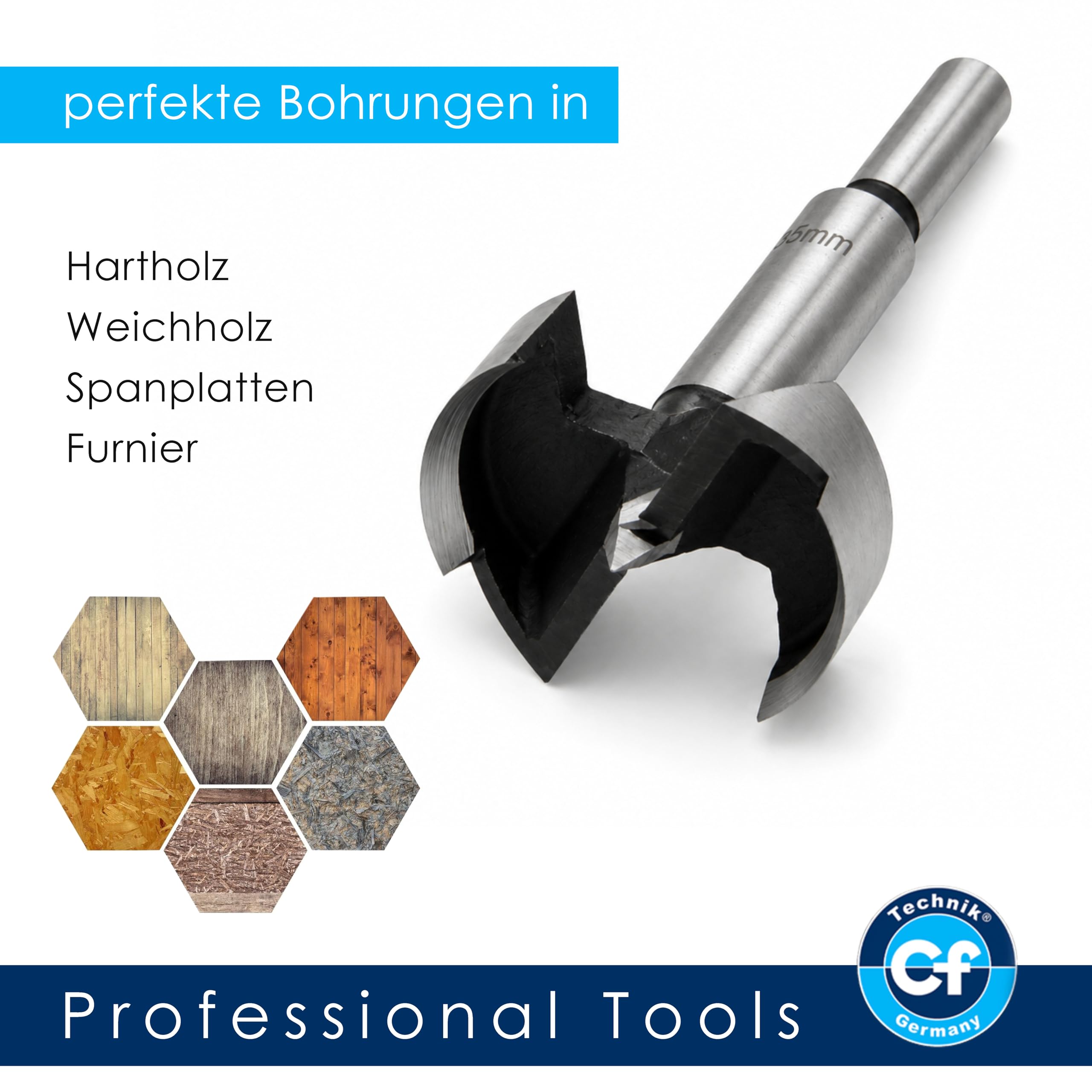 Forstnerbohrer Set 15-tlg. Ø10–50 mm im Holzkoffer – Holzbohrer aus hochwertigem C45 Stahl – Ø10 mm Zylinderschaft – für Hartholz, Weicholz, MDF und Spanplatten - von CF Technik