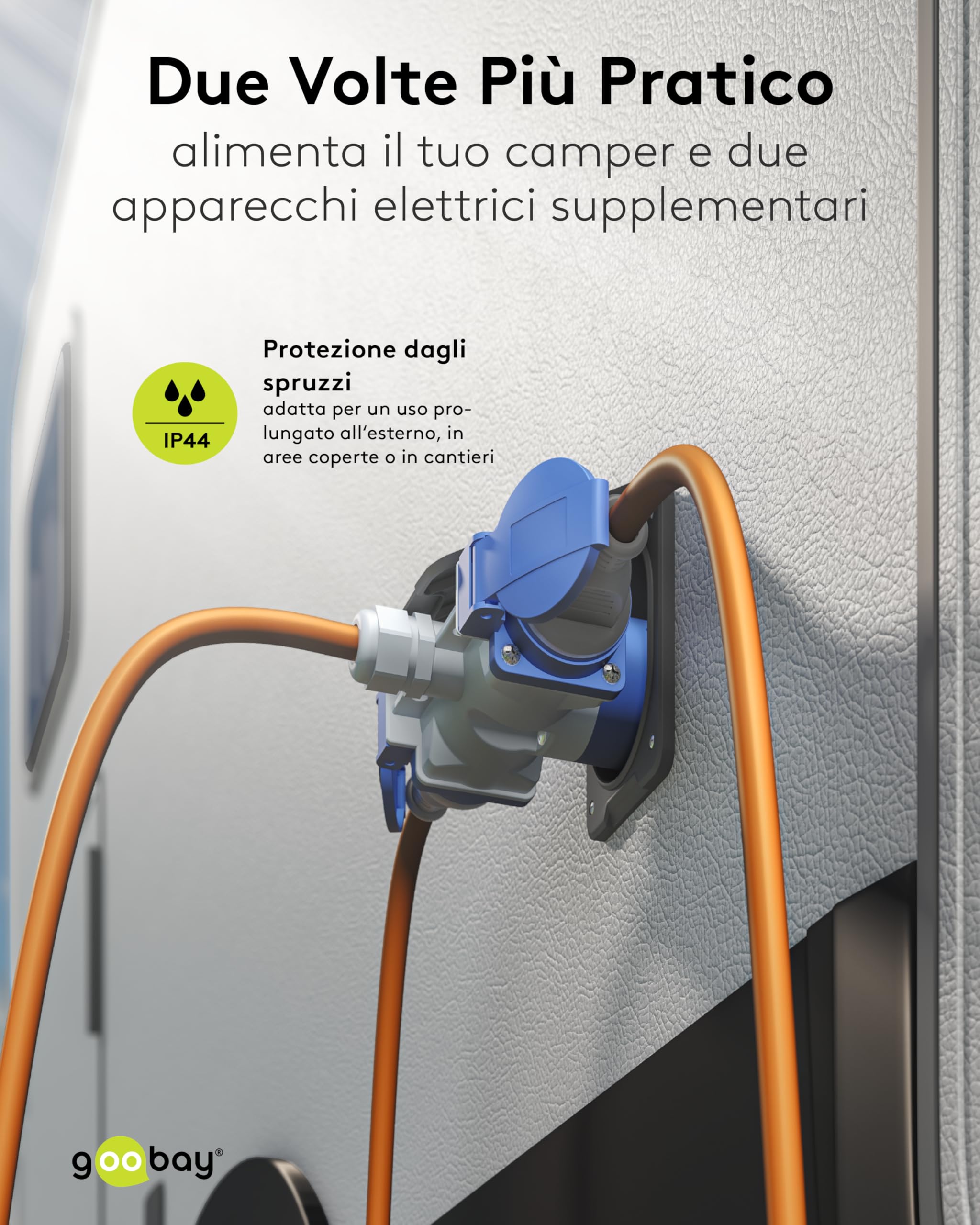 goobay Cavo adattatore CEE per caravan, 1,5 m, spina CEE a 1 presa CEE e 2 prese con contatto di protezione, IP 44, cavo da campeggio, camper e cantieri, 76231