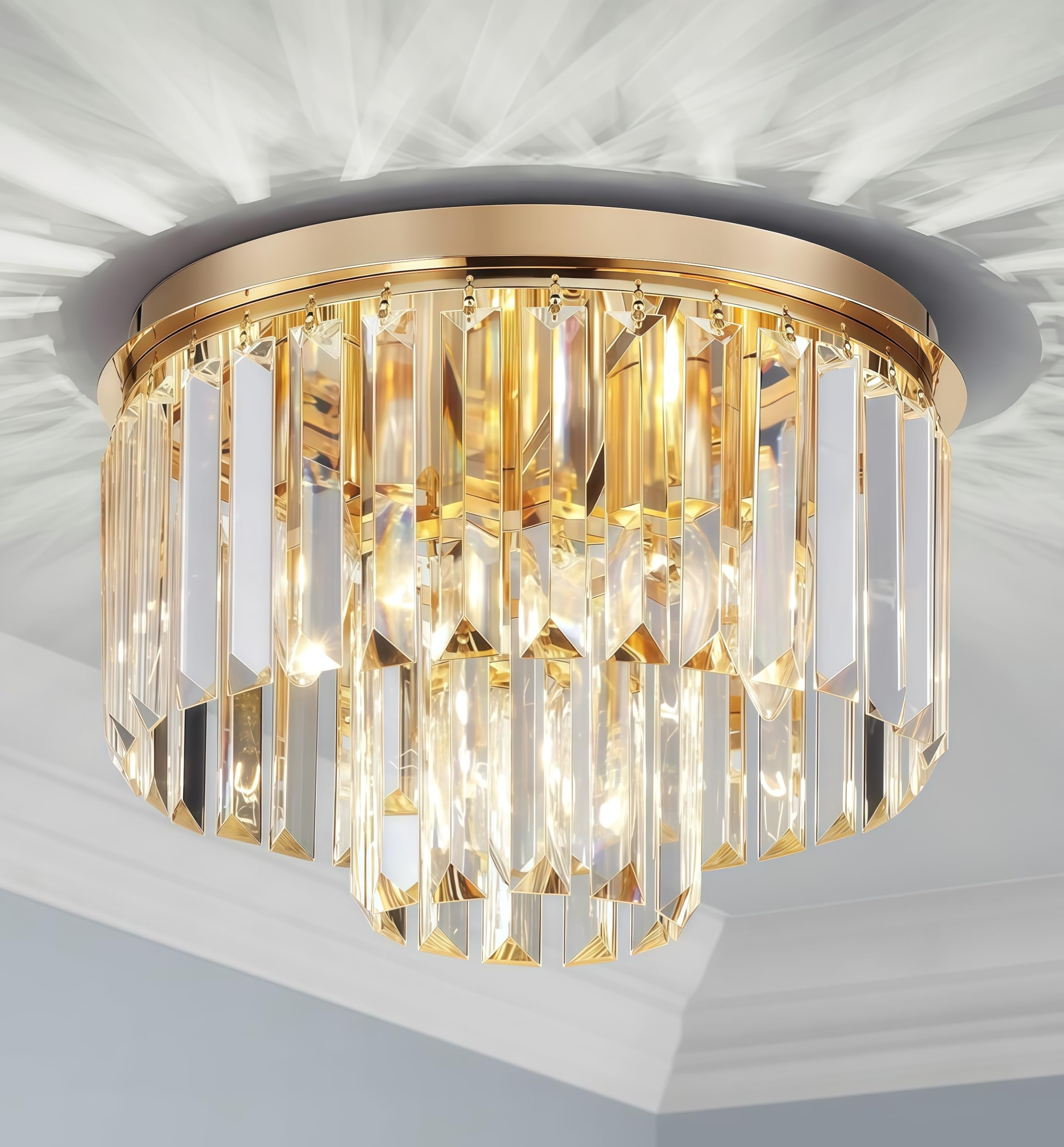 SHRINE LIGHTING Kristall-Deckenleuchte, Moderne Unterputz-Deckenleuchte, D30cm x H21cm, E14 Sockel 3-Licht, Gold Finish & K9 Kristall