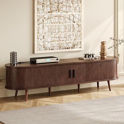 Miniatura 7 de Soporte de TV para TV de 80 pulgadas, centro de entretenimiento moderno de mediados de siglo con cajones de almacenamiento, puertas de tambor y toma