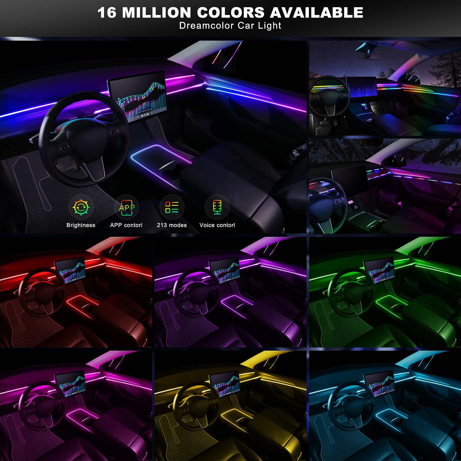 Dream+Color Acrylic Interior Car LED Strip Light with Wireless APP, RGB 6 in 1 with 175 inches 612 LEDs Fiber Optic Ambient Lighting Kits, Dynamic Chasing Music Sync Neon LED Strip Lights for Car