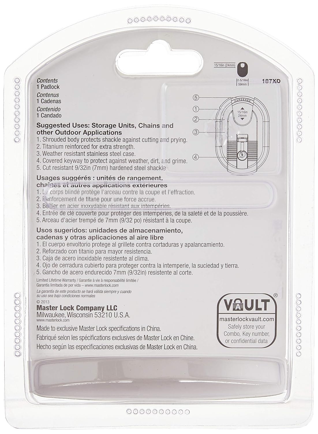 Master Lock Padlock, Titanium Series Stainless Steel Lock, 2-5/16 in. Wide, 187XD , Black