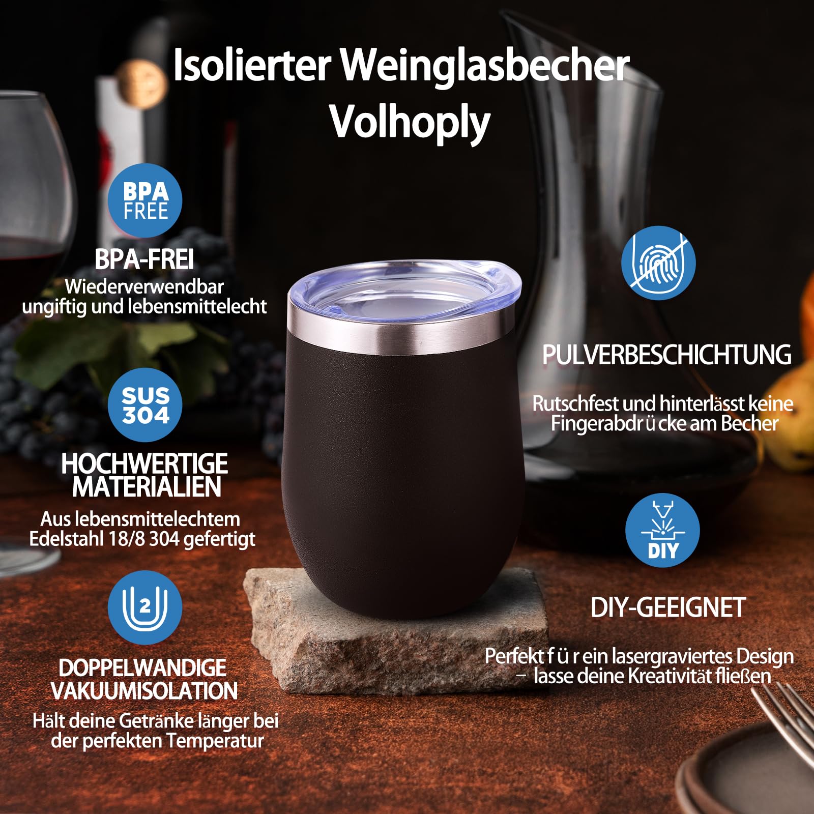 Volhoply 12oz Edelstahl Weinbecher mit Deckel Bulk 8 Pack,Doppelwandige Vakuum stiellose Weingläser,Wiederverwendbare Metall Reise Kaffeebecher mit Strohhalm,Isolierte Tassen Geschenke (Mix,8)