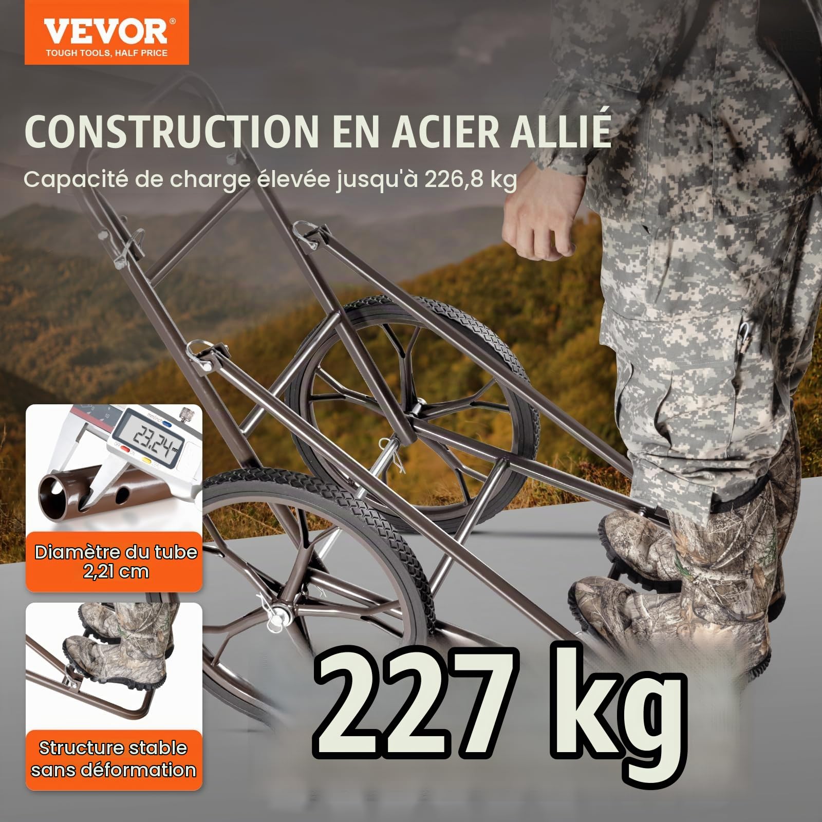 VEVOR Chariot de Chasse Pliable, Capacité de Charge 227 kg, Roues Pleines, Poignée Ergonomique, pour Transporter Gibier Équipements Pêche Randonnée