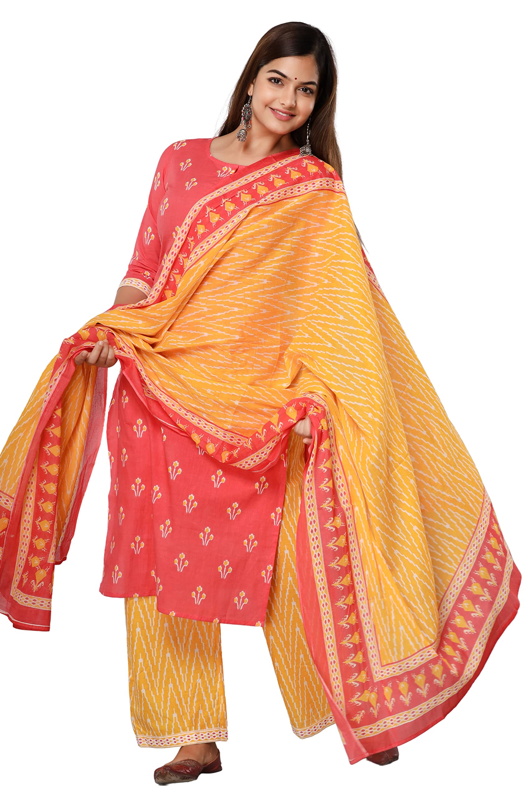 Rytras Women's Rayon Printed Straight Kurta With Palazzos And Dupatta Set(Ryt306_Pink_Small)