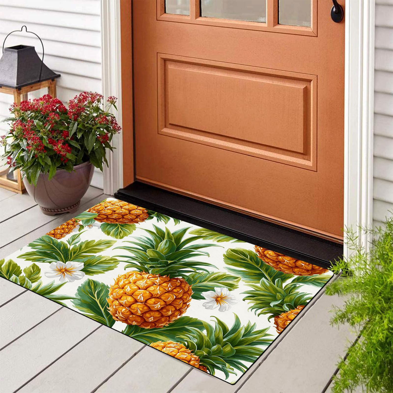 Paillasson de intérieur Antidérapant, Tapis de Tropical Charme, Tapis Salle de Bain Flanelle Douce, Absorbant l'eau, pour Cuisine (Ananas Plantes Et Fleurs, 80x120cm