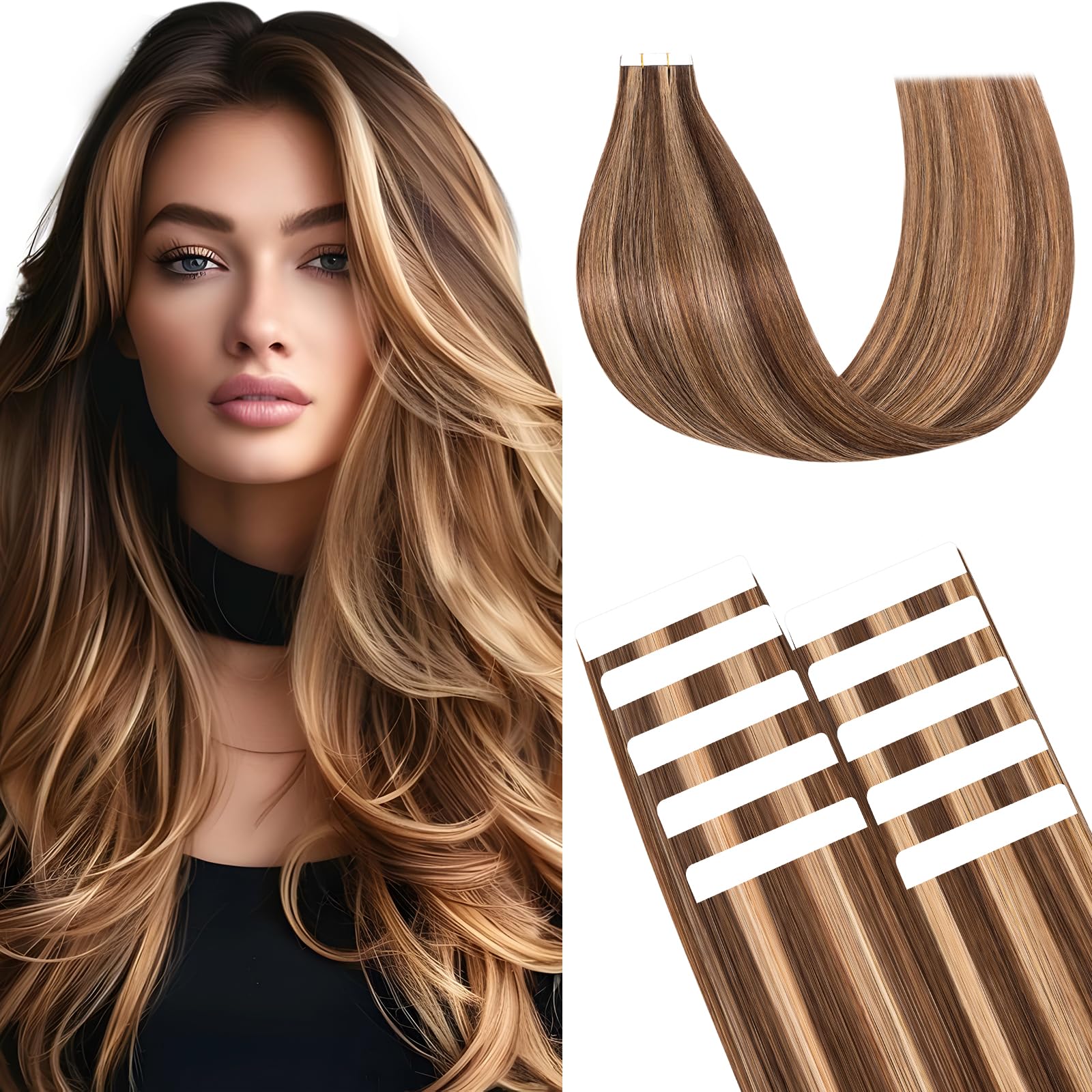 Benehair Tape in Hair Extensions Human Hair Invisible Straight Real Weft Remy #4P27 Medium Brown Mix Dark Blonde Hair Extensions Tape in 10 Inches (10 g)