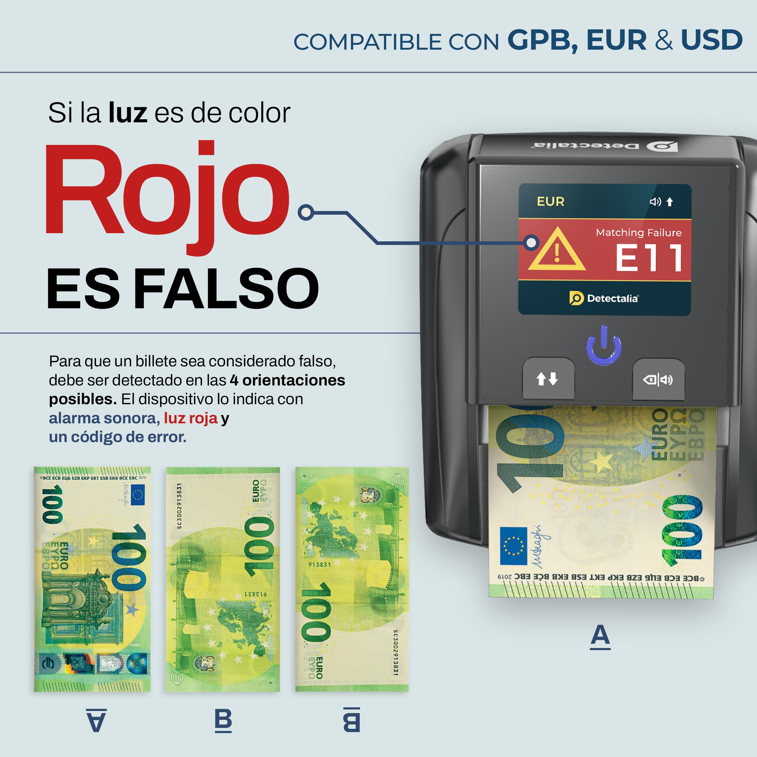 Detectalia D7T+ Detector de Billetes Falsos con 100% detección, 5 Sistemas de detección para 3 divisas EUR, GBP, USD y Pantalla Color TFT