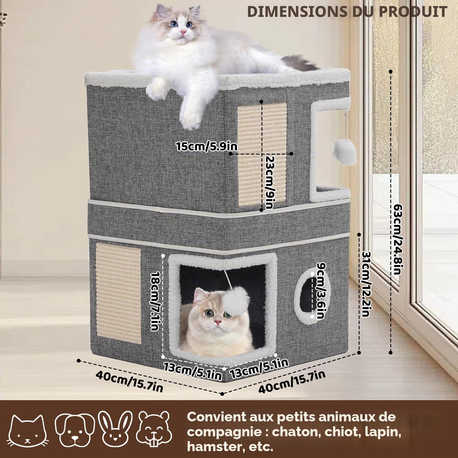 Maison pour Chat Pliable d'intérieur avec griffoir, Balle de Jeu, Niche pour Plusieurs Chats, Cube pour Chat, Maison Cube à Trois étages, lit pour Chat, 40x40x63 cm, Grise