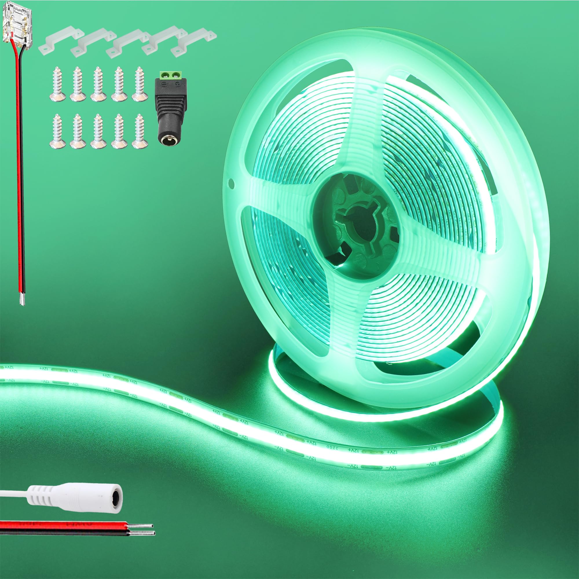 Clearhill 12V COB 480LED Strip Lights,16.4FT/5M(No Power Supply), Green, 2400LED,with 5521DC Female Connectors,8mm Width,IP20,for DIY Home Indoor Decoration