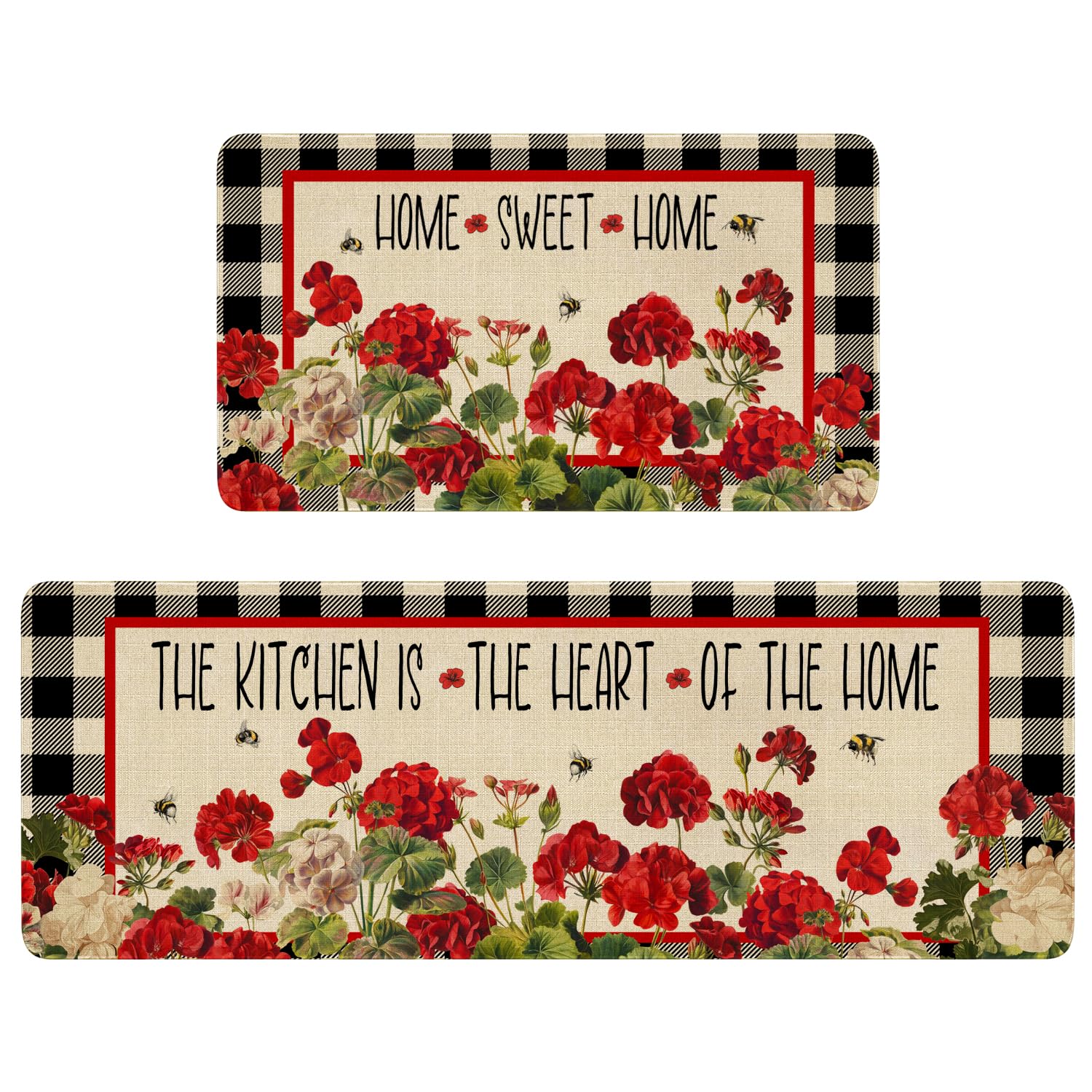 Xsinufn Spring Summer Farmhouse Kitchen Rugs and Mats Set of 2,Geranium Bee Red Flowers Floral Kitchen Mat,Non Slip Washable Kitchen Floor Sink Mats