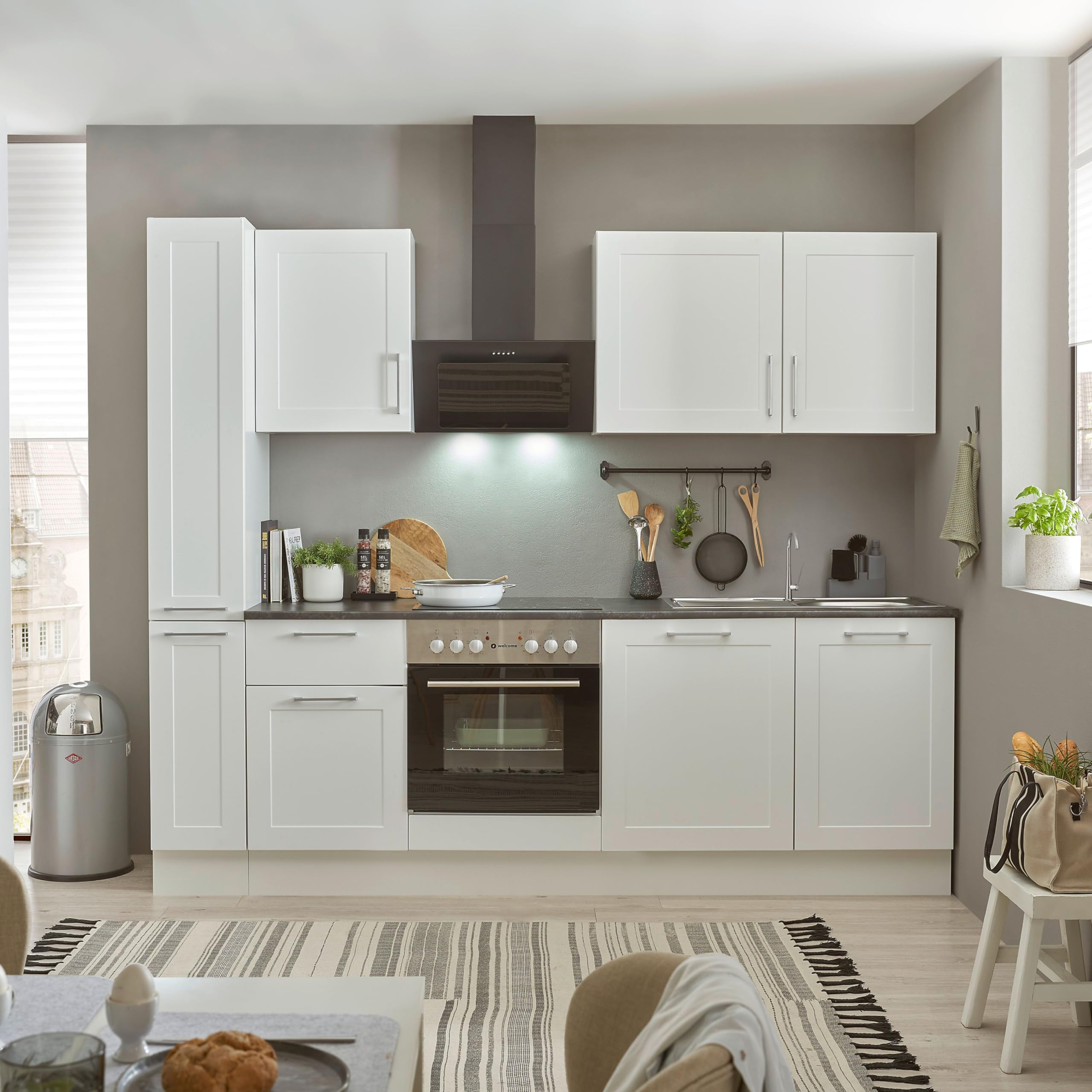 Stella Trading Marsella Moderna Cocina sin electrodomésticos en Blanco, marrón metálico - Amplia Cocina Equipada con Mucho Espacio de Almacenamiento - 250 x 211 x 60 cm (B/H/T)