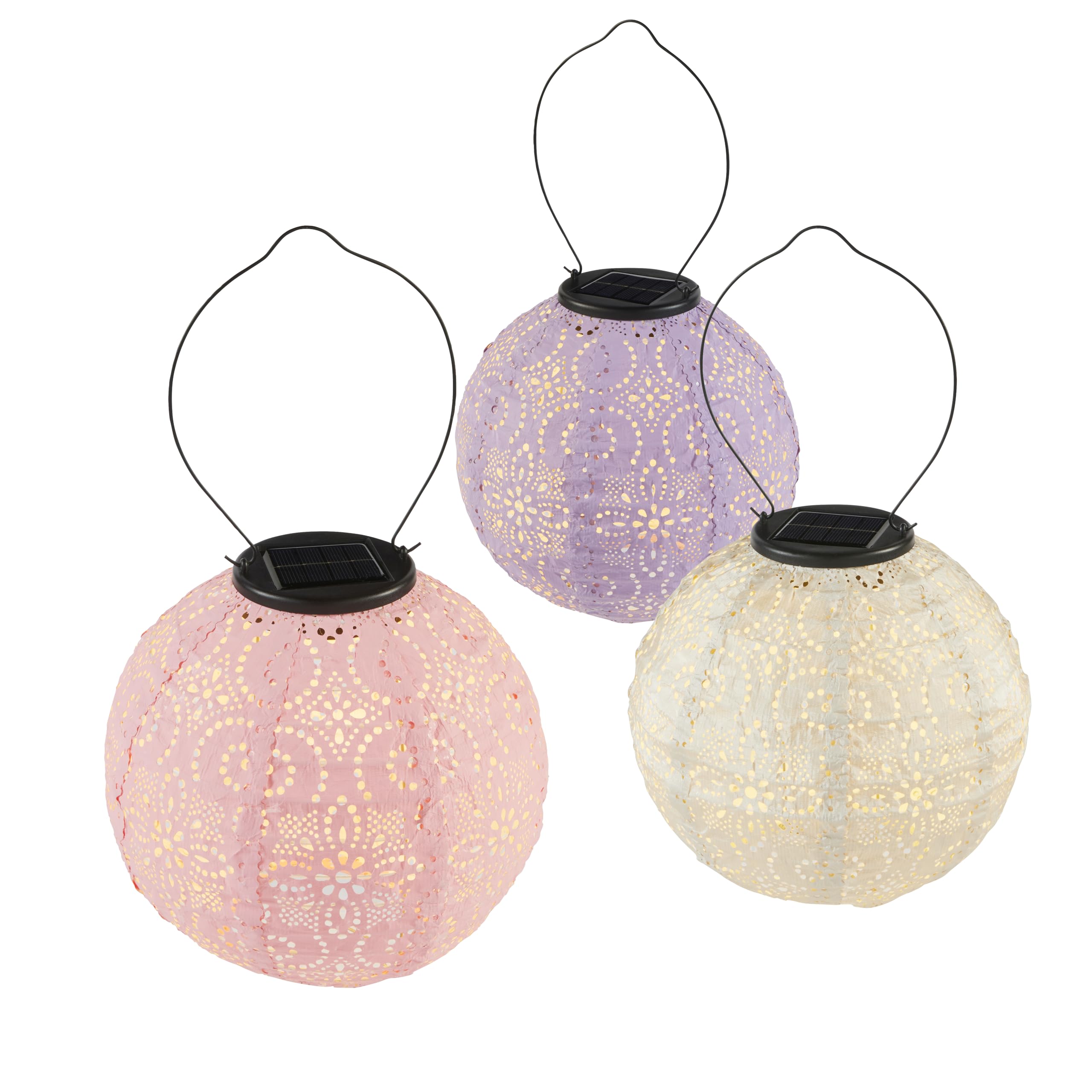 Lights4fun 3er-Set Solarlampions Tyvek | Solarbetriebene LEDs | Marokkanische Orientalische Laternen | Deko für Außen Outdoor Gartenbeleuchtung | Solarlaternen Solarleuchte | ø 20 cm | Pastellfarben