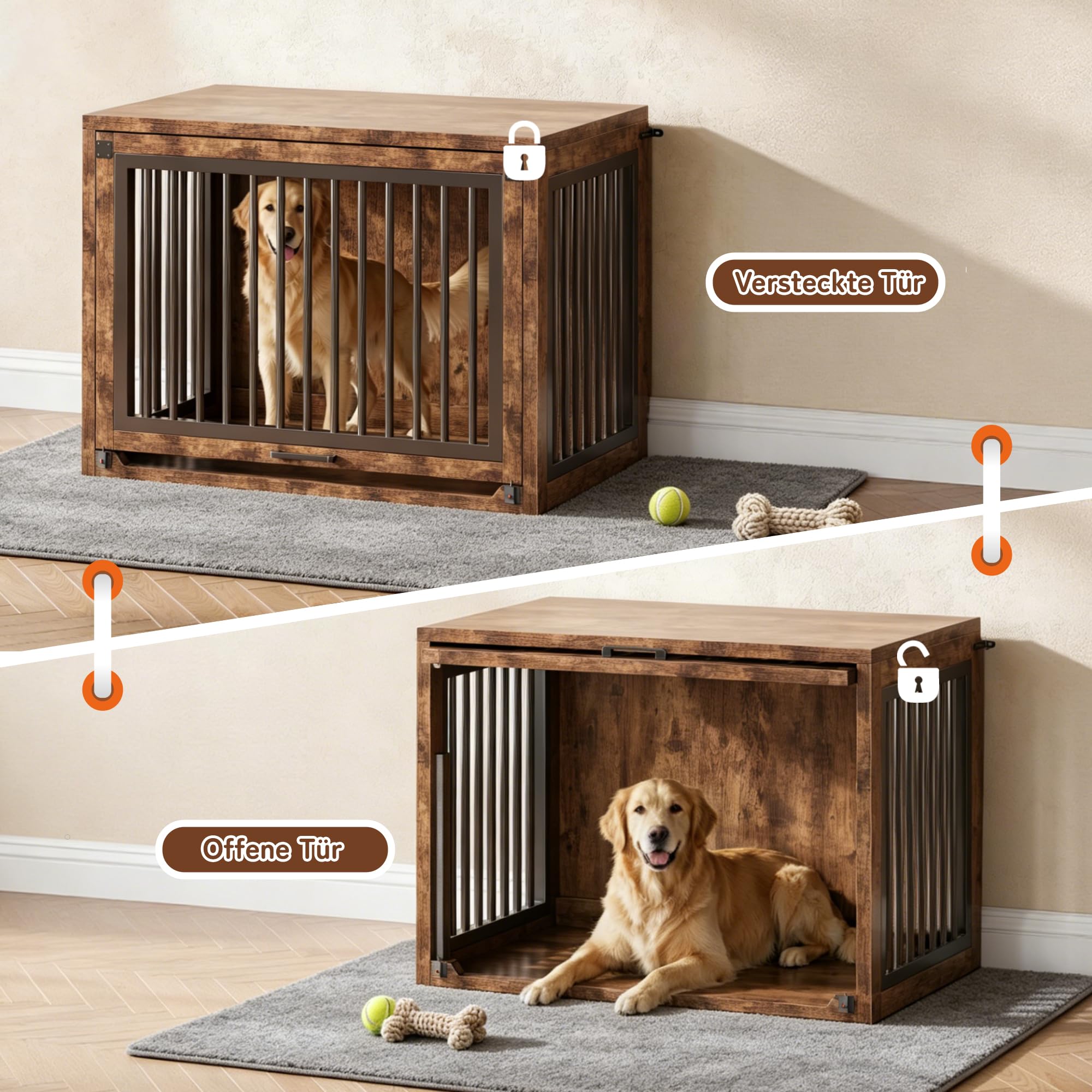 Jocoevol Hundebox Möbel, 107cm Hundekäfig für Große Hunde bis 36 kg, Hundehaus Holz mit versteckter Schiebetür, Heavy-Duty Hundekäfig mit Sicherheitsschloss und leisen Pads, 107x73x85 cm, Vintagebraun