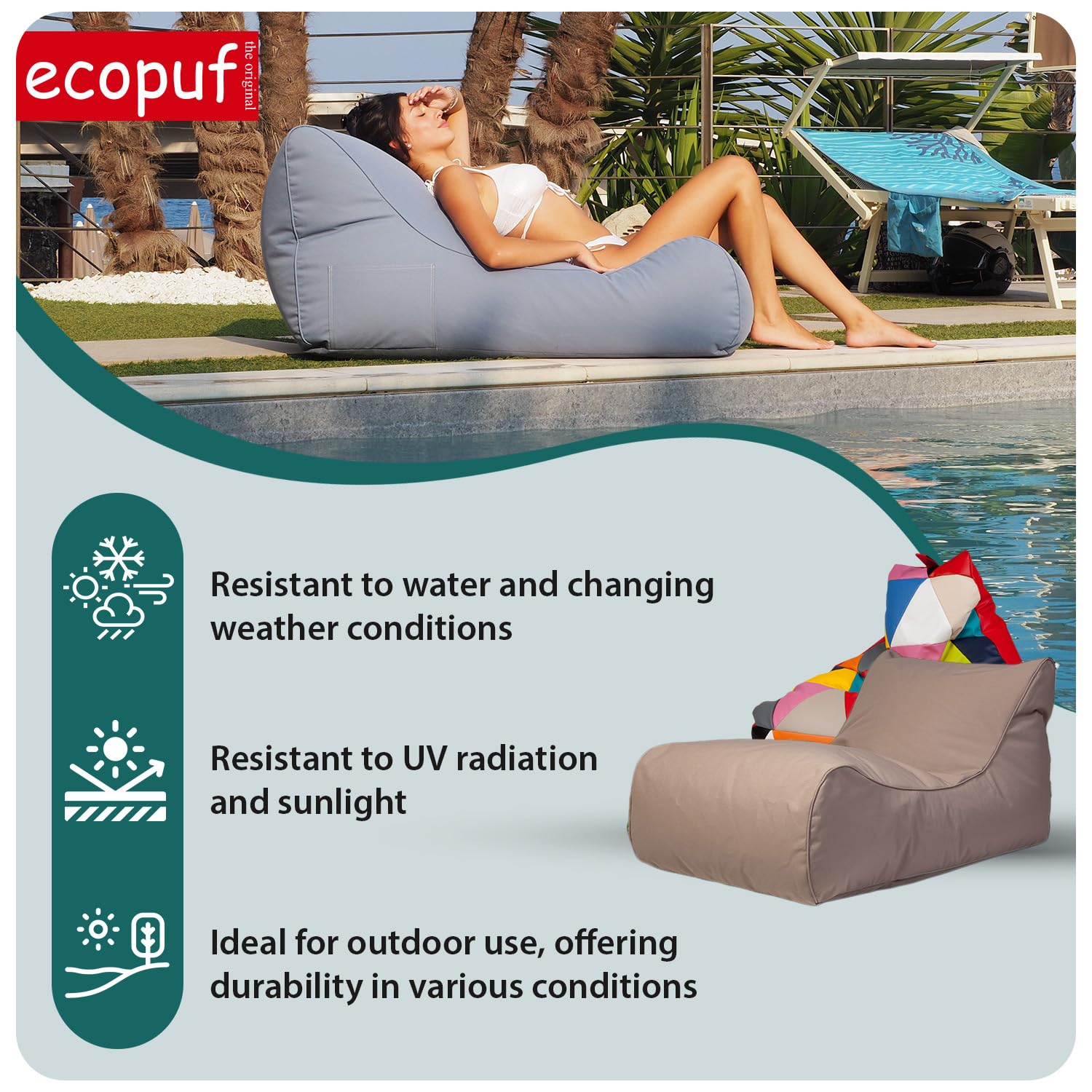 Ecopuf - Master Canapé Pouf Chaise Longue da esterno - Pouf Poltrona con tasca portaoggetti e maniglia - Borsa in tessuto impermeabile - Poltrona da salotto - 115x65x60cm, Blu M16