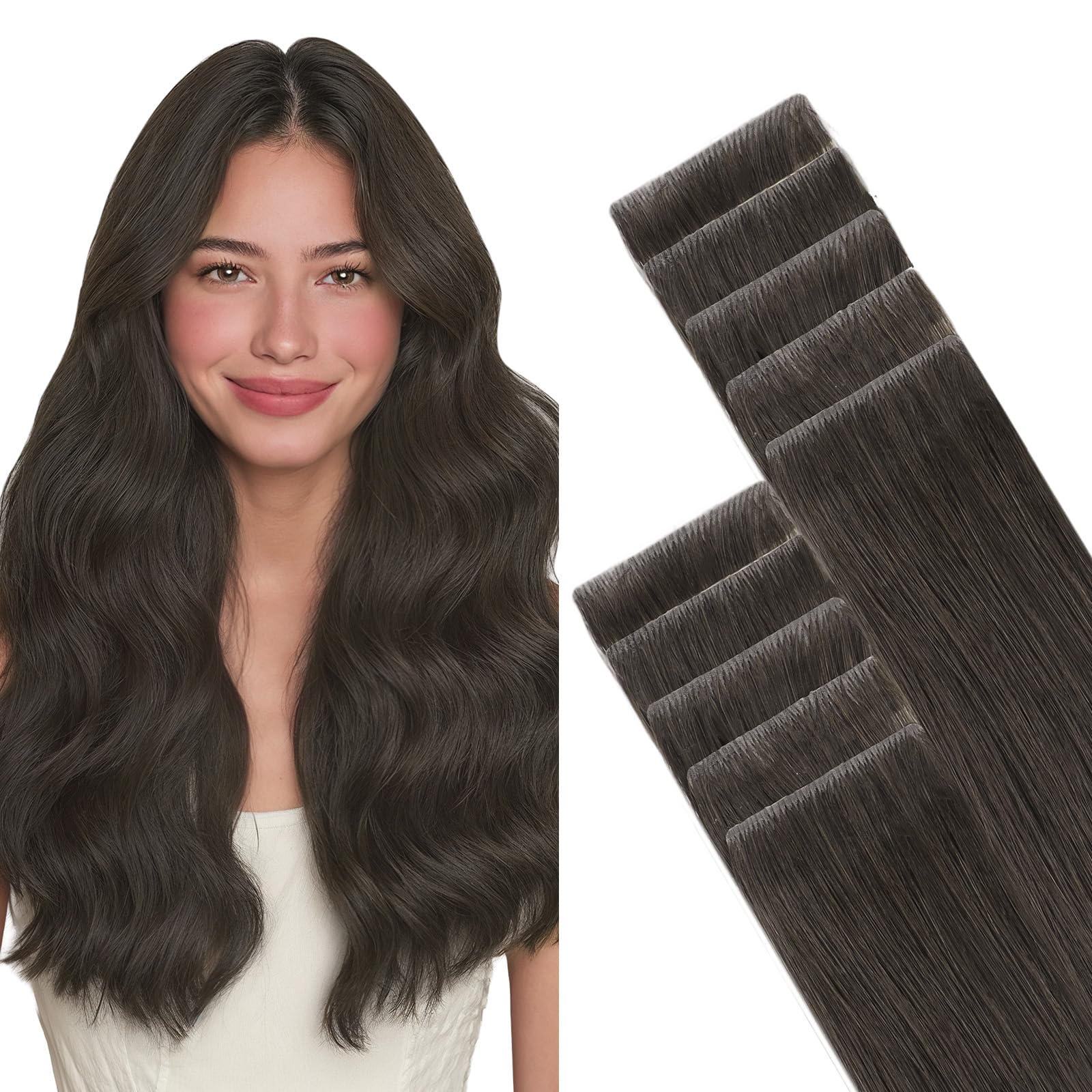 GOO GOO Invisi Edge Tape in Hair Extensions Human Hair, 1C Mocha Brown, 10pcs 18inch 25g, Virgin Remy Hair, Seamless Injected Tape, Natural Look
