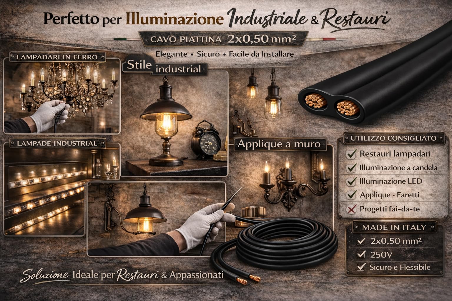 Cavo Piattina Nero 2x0,50 mm² – Filo Elettrico Piatto per Lampade Industrial, Sospensioni e Strutture in Ferro – 10 Metri – 250V - Prometeo Electronics