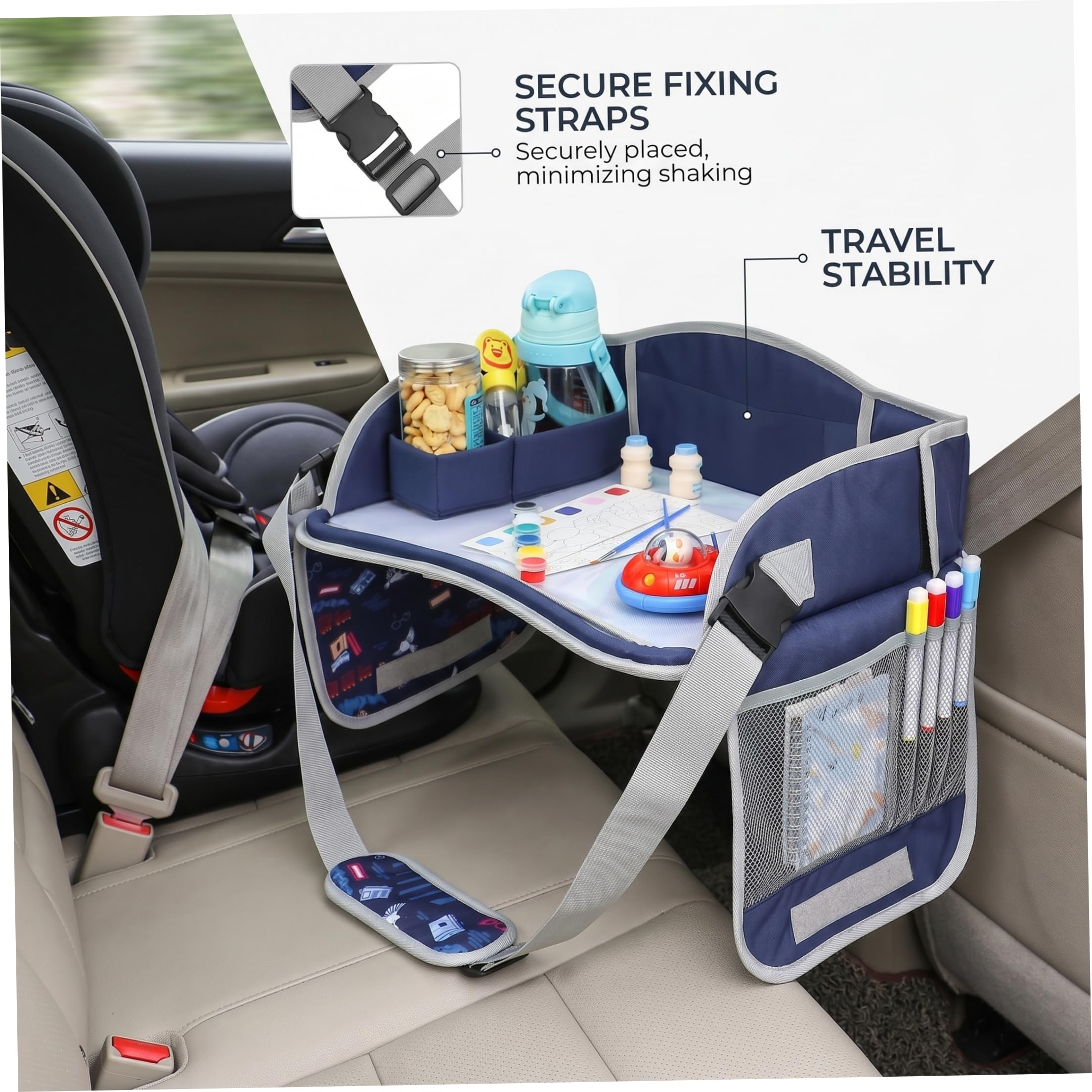 Mesa con bandeja para coche para niños, bandeja de viaje ajustable para niños, mesa de tela plegable compatible con pantalla táctil con compartimentos de almacenamiento para uso de y niñ