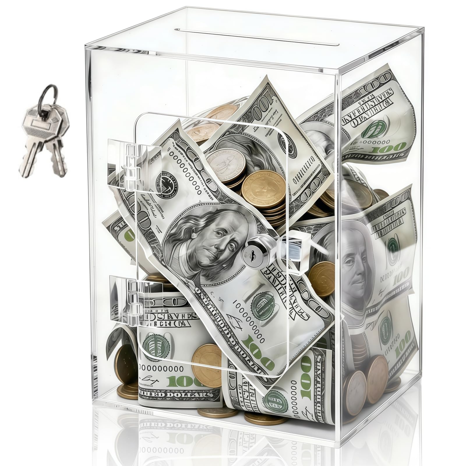 Cididu Clear Piggy Bank for Adults Kids, Acrylic Money Saving Box with Lock, Reusable Coin Cash Storing Container with Key, Openable Unbreakable Money Change Jar Pot for Birthday Gift, 15x12x20 cm