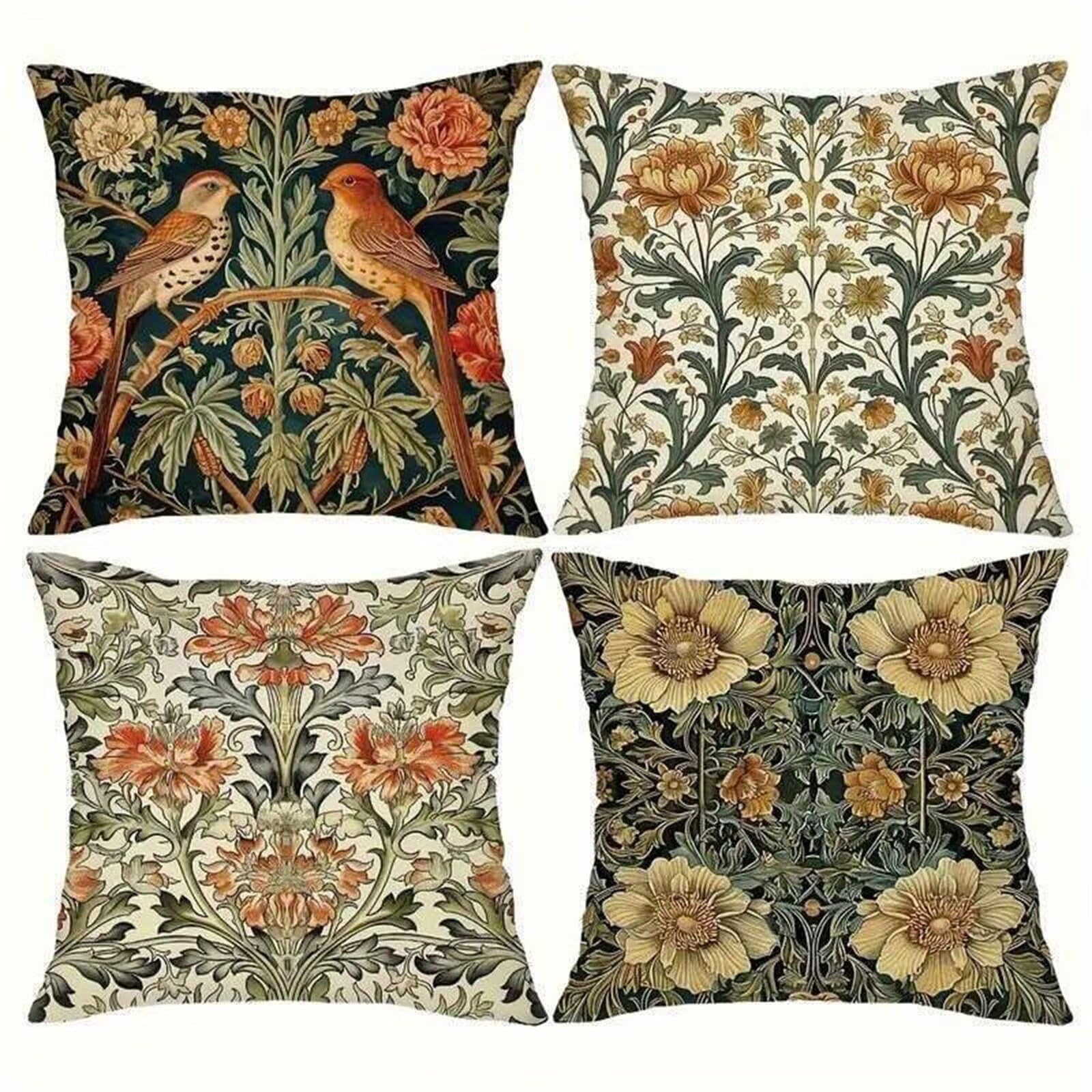 QiHon Set of 4 Decorative Linen Cushion Covers 60x60 cm, Modern Bohemian Flowers Square Throw Pillow Cases with Invisible Zipper, Breathable Pillowcases for Sofa Couch Living Room Bedroom Garden