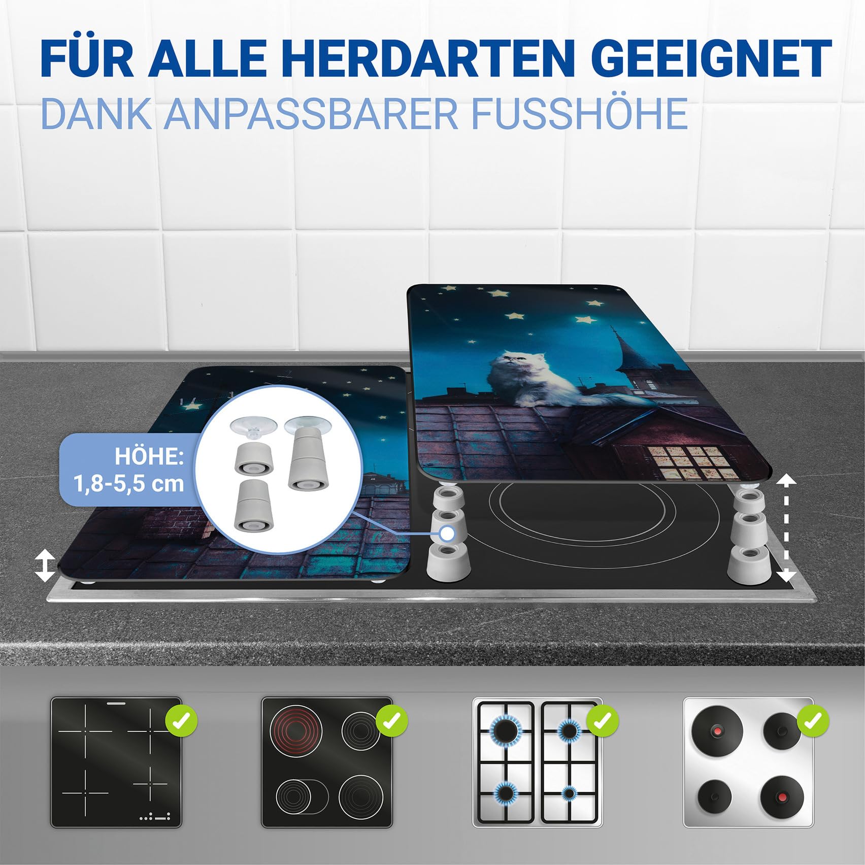 WENKO Herdabdeckplatte Universal Mod. Moon Cat, höhenverstellbar für alle Herdarten, Schneidebrett und Spritzschutz, Glas, 30 x 52 cm, 2-teilig