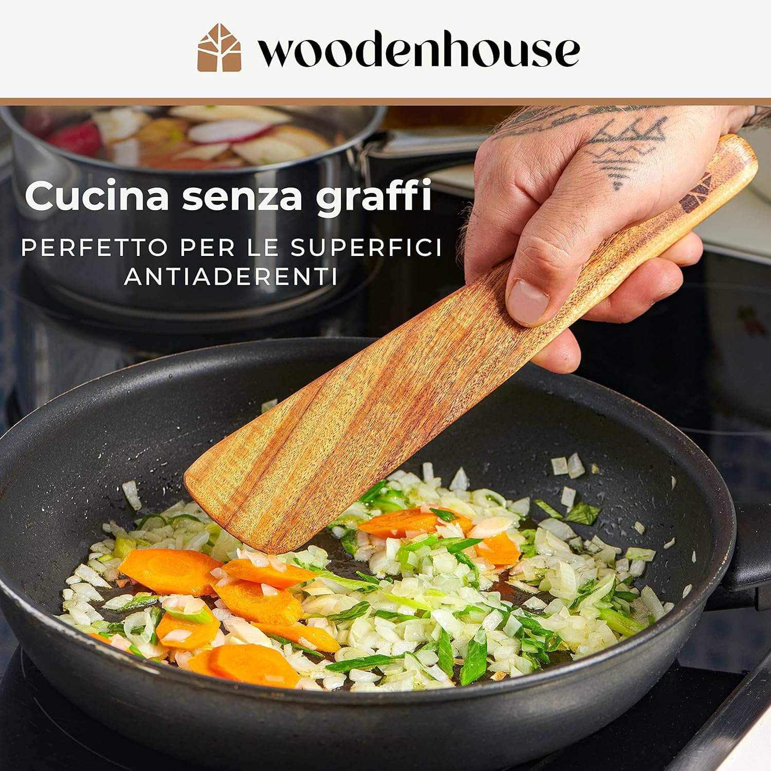 Set Utensili Cucina Legno, Spatole da Cucina, Girare, Spalmare e Raschiare Alimenti, Antigraffio, Fatte a Mano, 4 pezzi