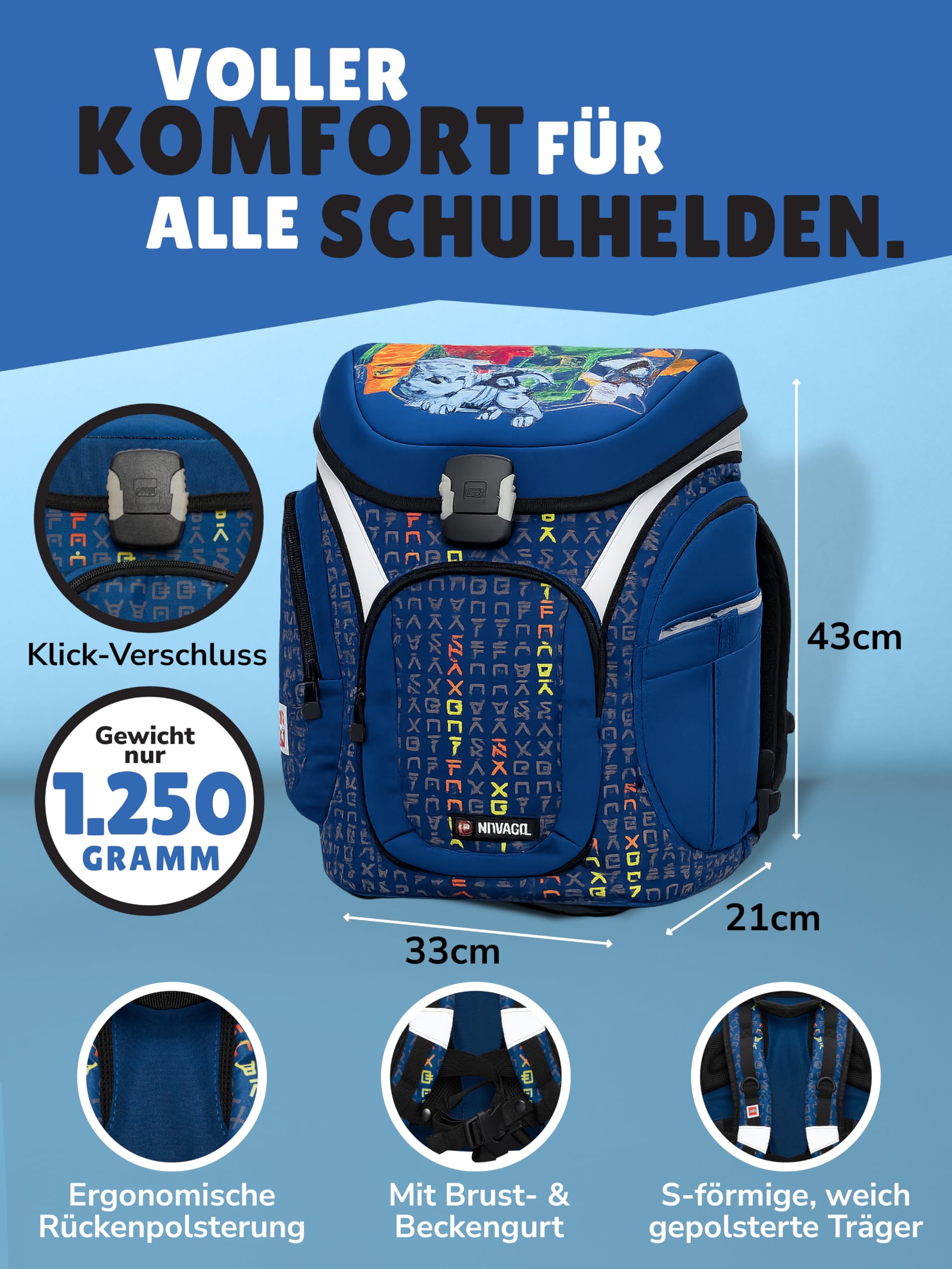 Familando - Schulranzen Set 9-teilig mit Sporttasche - Ninjago Blau - Ergonomisch, stabil & mit gepolstertem Rücken - 1250g leicht mit 16L Volumen - wasserabweisend und mit Reflektoren - Ab 1. Klasse