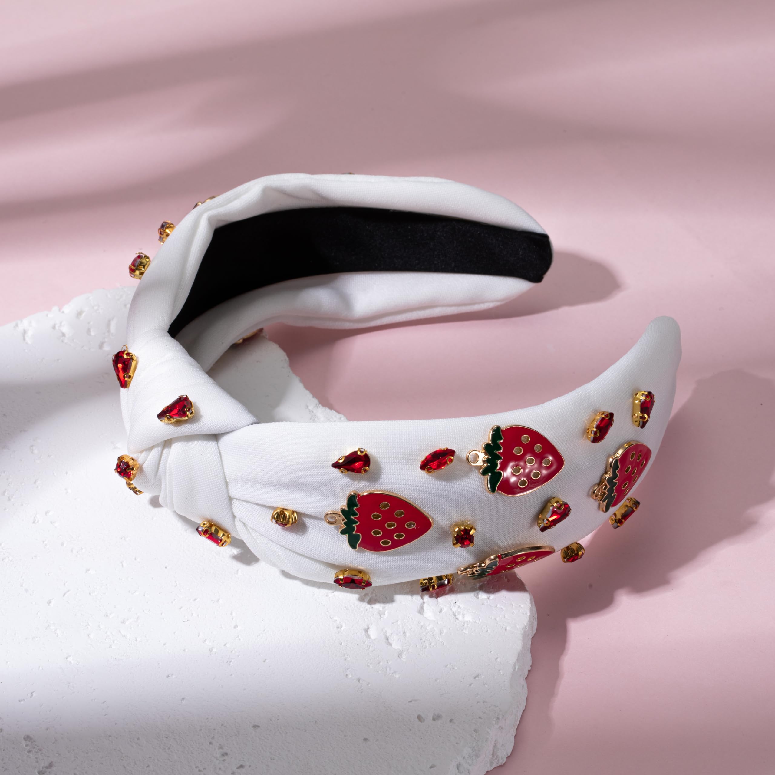 Serre-tête noué en forme de fraise en cristal rouge scintillant pour femmes et filles - Accessoires pour cheveux - Accessoires de vacances d'été, plage, piscine, fête - Cadeaux (fraise-blanc)