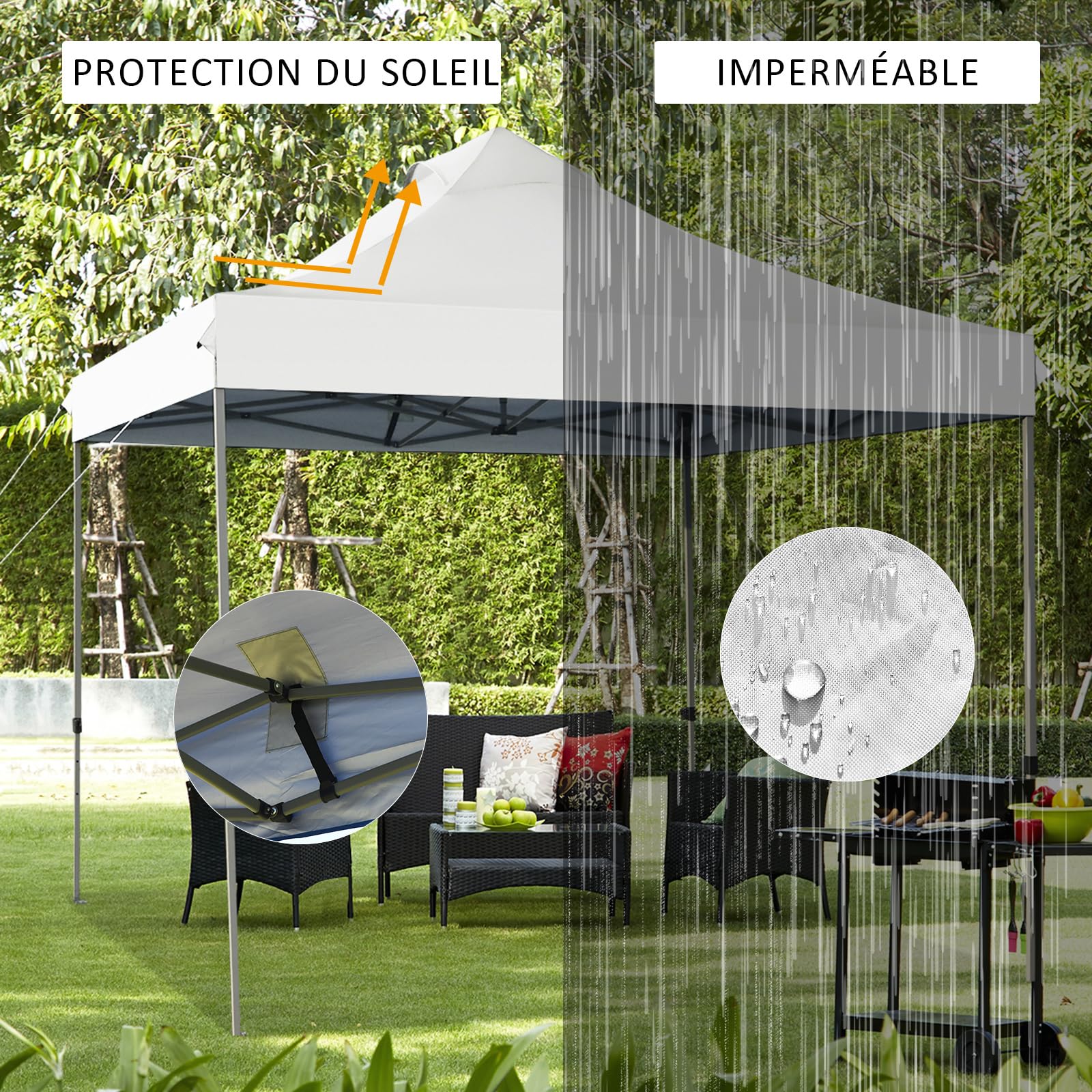 COSTWAY Tonnelle Pliable 3x3M, Tente de Jardin Imperméable Protection UV 50+, 3 Hauteurs 305/320/335 cm avec Sac de Rangement à roulettes, pour Fête Marché Patio (Blanc)
