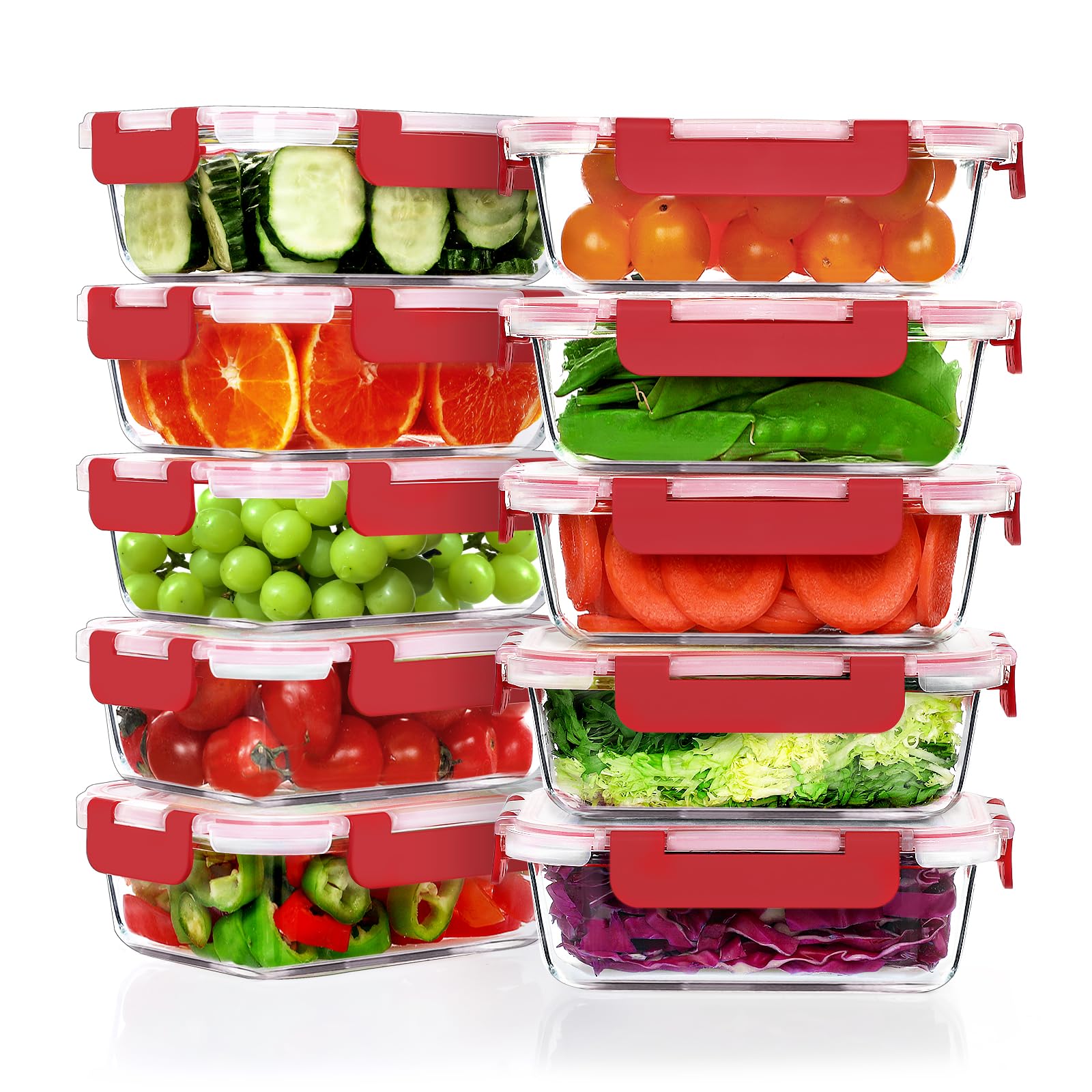 VERONES 10 Stück 625 ml Glas-Mahlzeiten-Vorbereitungsbehälter, luftdichtes Glas-Lunchbehälter-Set, Glas-Frischhaltedosen mit Deckel, exklusiv von BPA, für Mikrowelle, Backofen, Gefrierschrank und