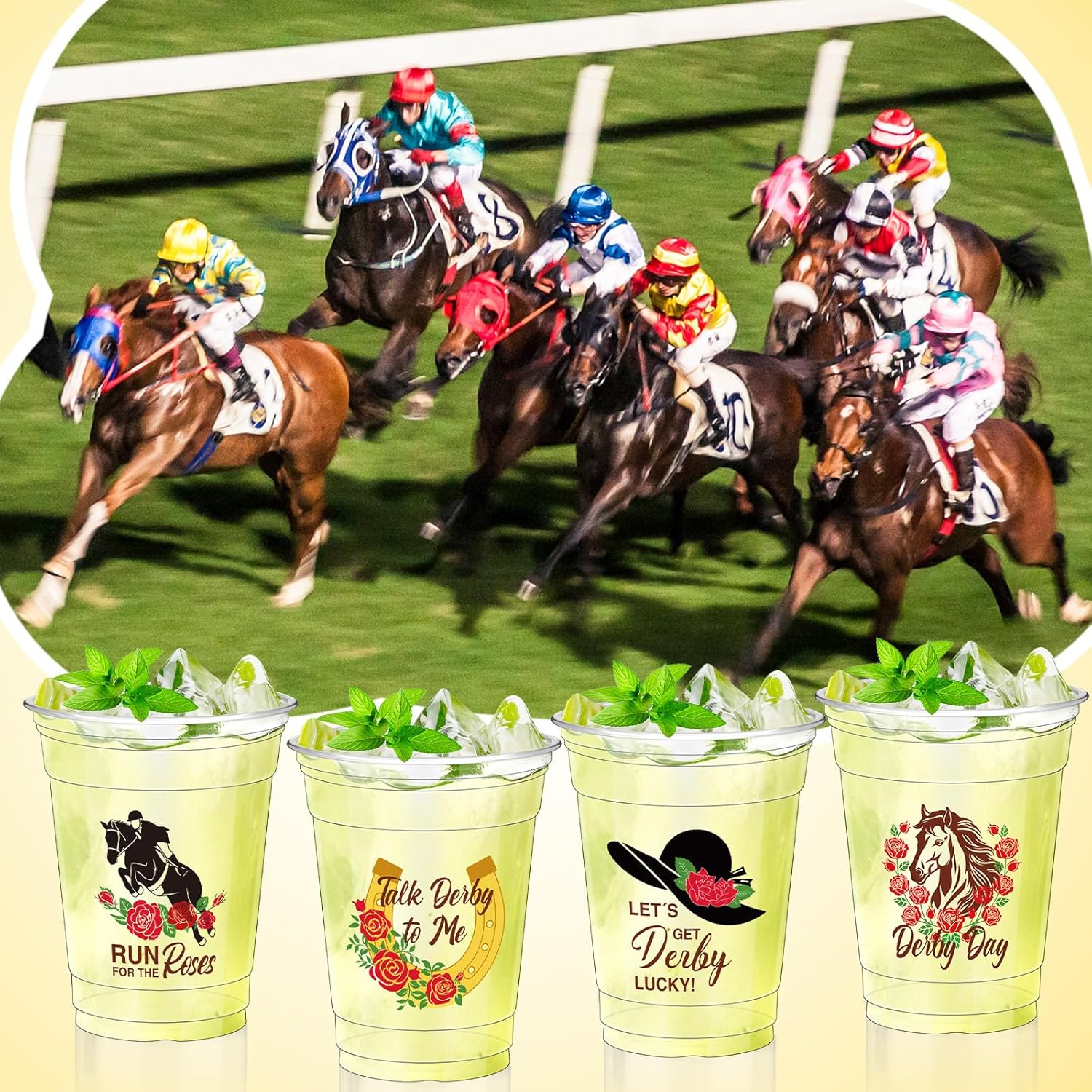 Sliner 100 Pcs Derby Disposable Plastic Cups Bulk 12oz Clear Horse Racing Party Cups Drinking Plastic Tumblers for Mint Julep Derby Day Party Supplies