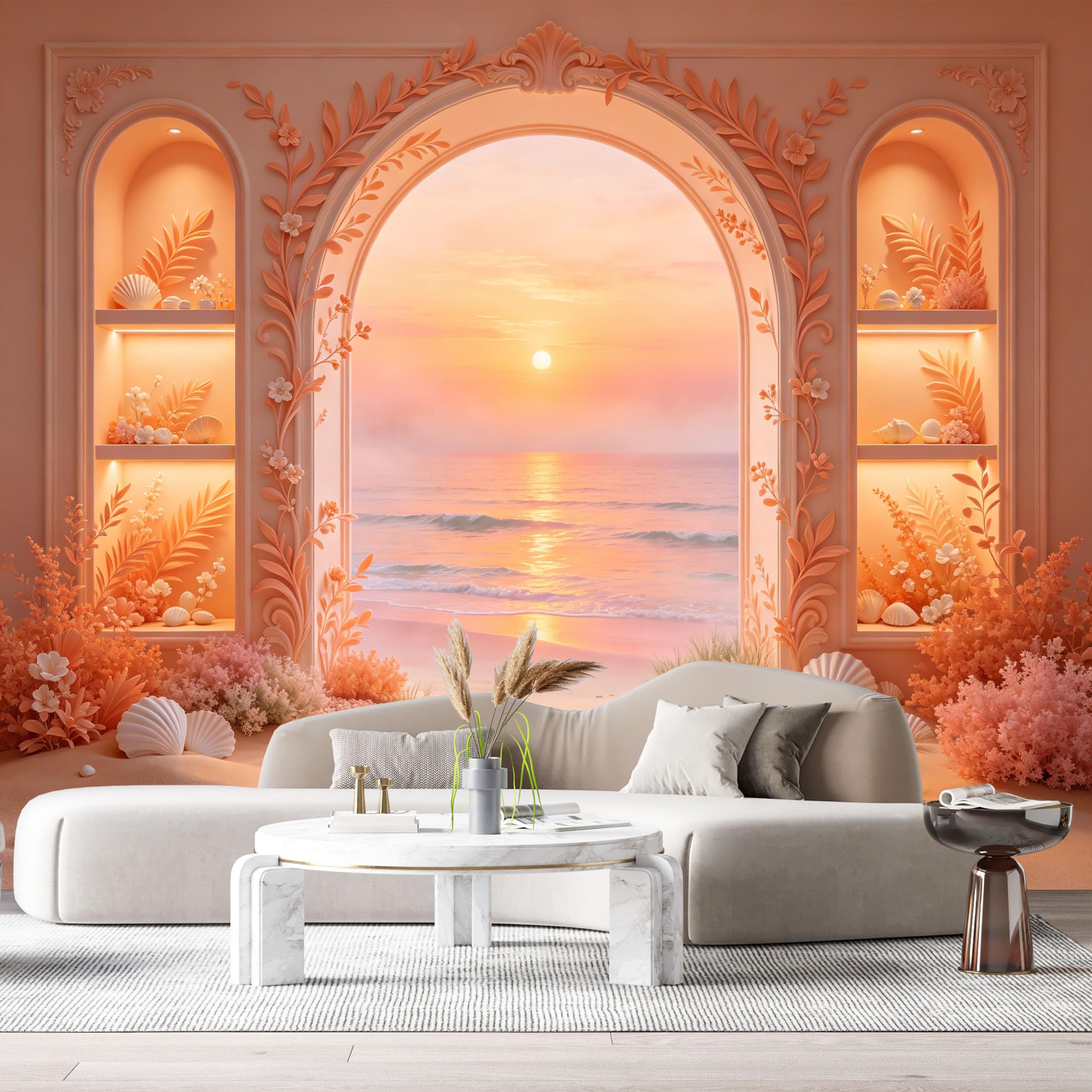 Custom Size Wall Murals Coastal Ocean Sunset Archway Seashells 3D Trompe L'Oeil SelfAdhesiveWall Fabric Removable Wallpaper Wall Decor for Living Room Bedroom Bathroom