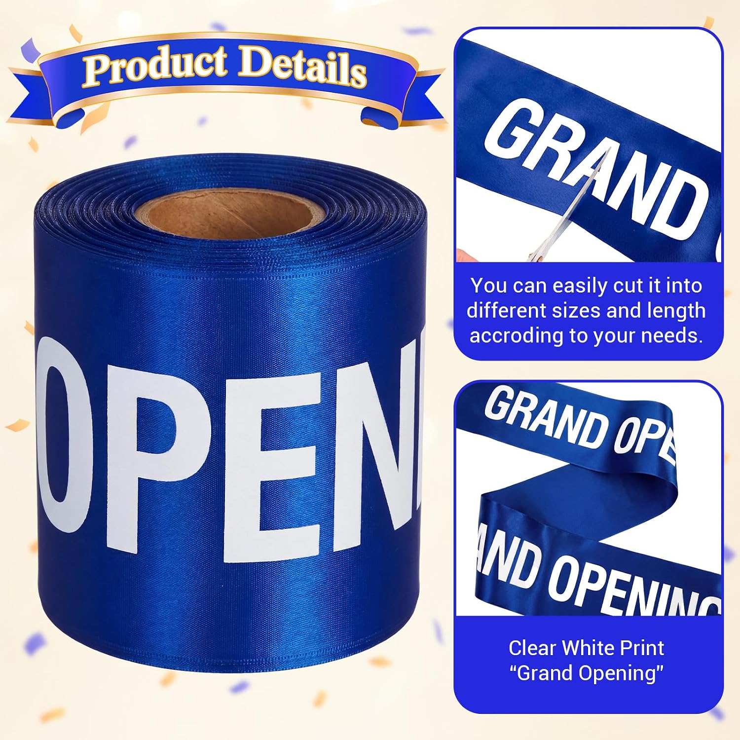 Blue Grand Opening Ribbon, 4 Inch 25 Yards Satin Ceremonial Printed Ribbon Roll with Bold White Print for Cutting Ceremony Kit Grand Opening Decorations Supplies Store Business Events