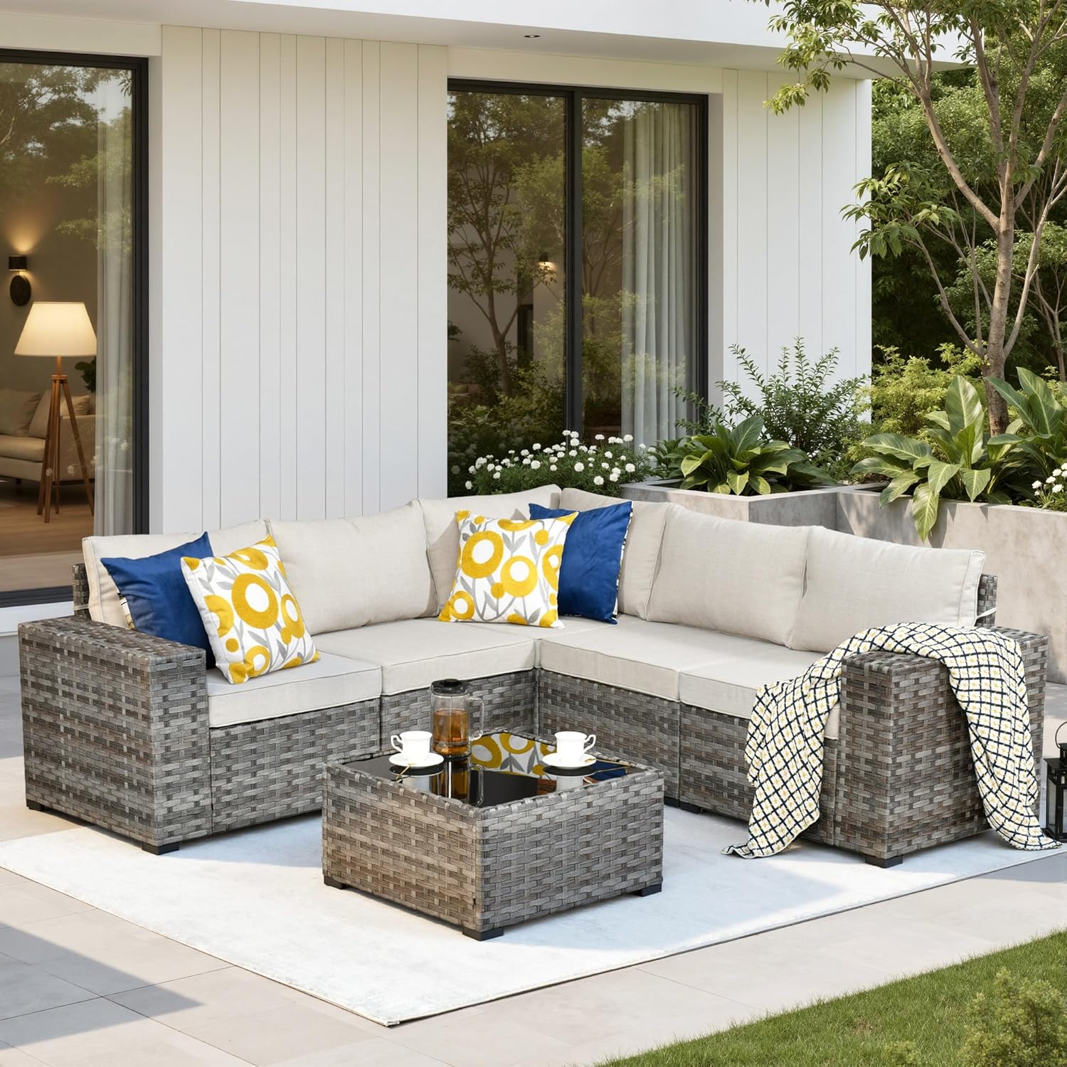 6 Pieces Patio Furniture Set, Wicker Outdoor Sectional Sofa with Coffee Table Comfy Cushions, Modern Modular Deep Seat Rattan Couch Conversation Set for Backyard Porch Yard,Beige
