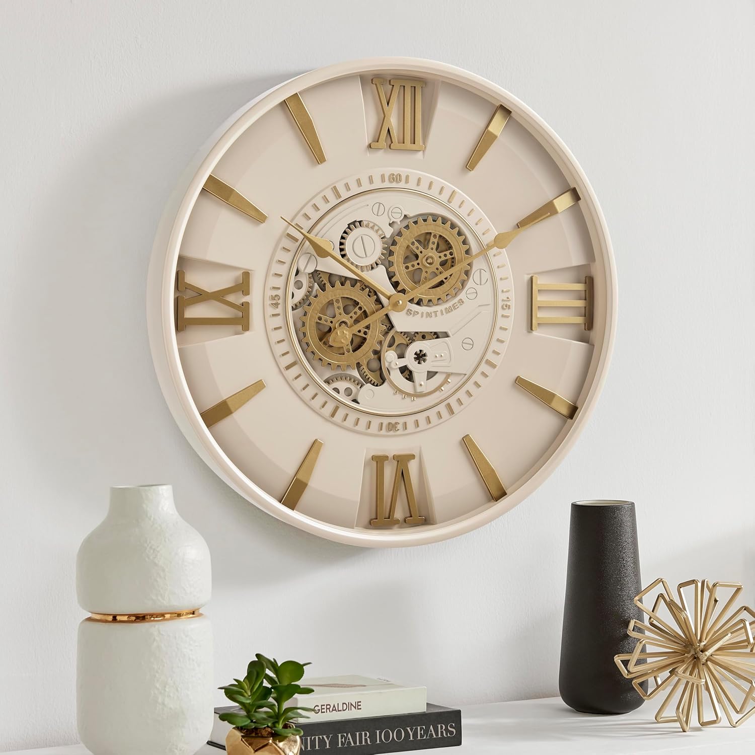 CLXEAST Mid Century Minimalist Modern Wall Clocks,24 Inch Wall Clock with Moving Gears, Large Cream Gold Wall Clocks for Living Room Decor,House Warming Gifts New Home 24 Inch 24 Inch Modern Cream&gold