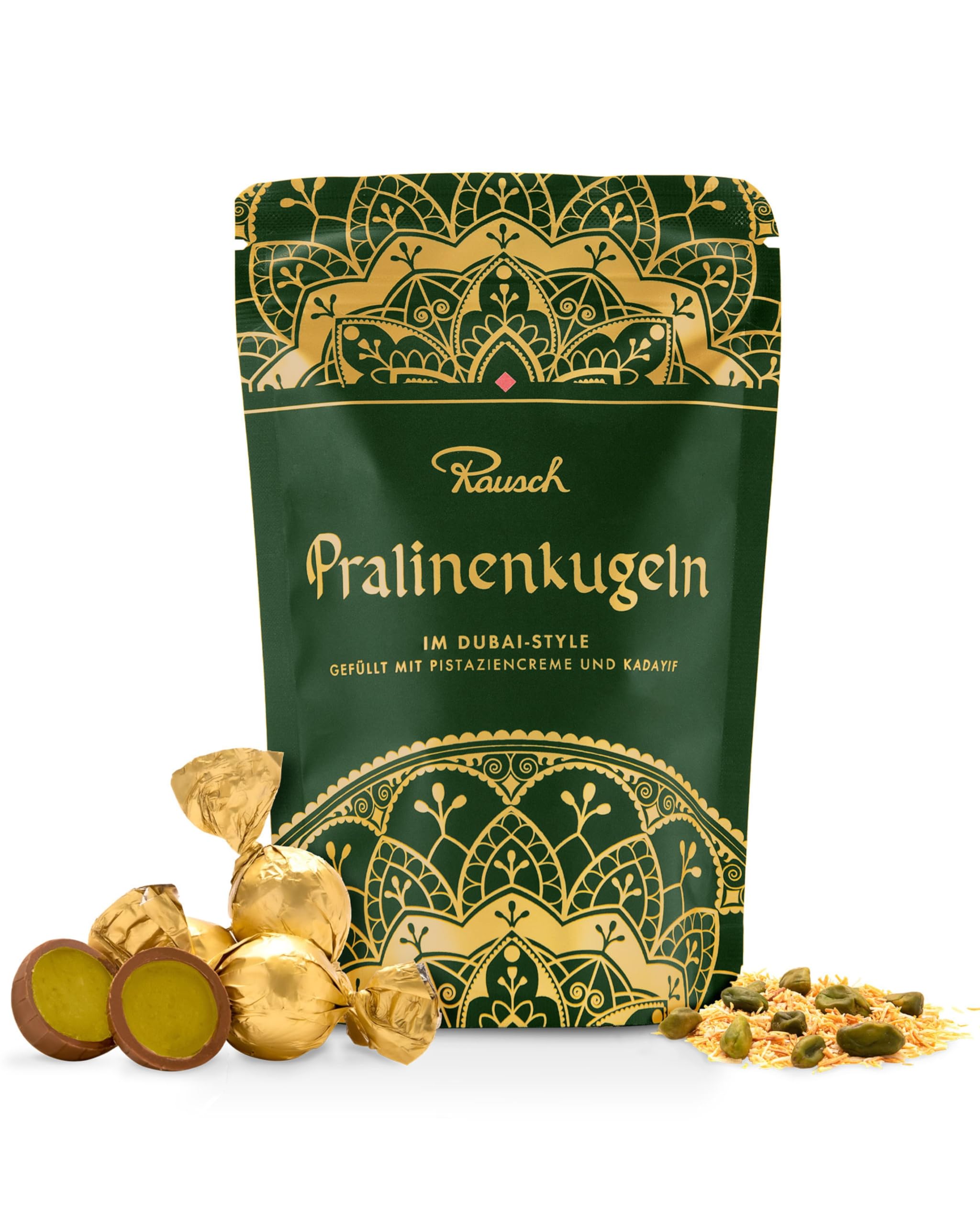 Rausch Pralinenkugeln Dubai Style – Dubai Pralinen mit zartschmelzender heller Schokolade, cremiger Pistazienfüllung und knusprigem Kadayif – 120g Packung mit 12 edlen Pistazien Pralinen
